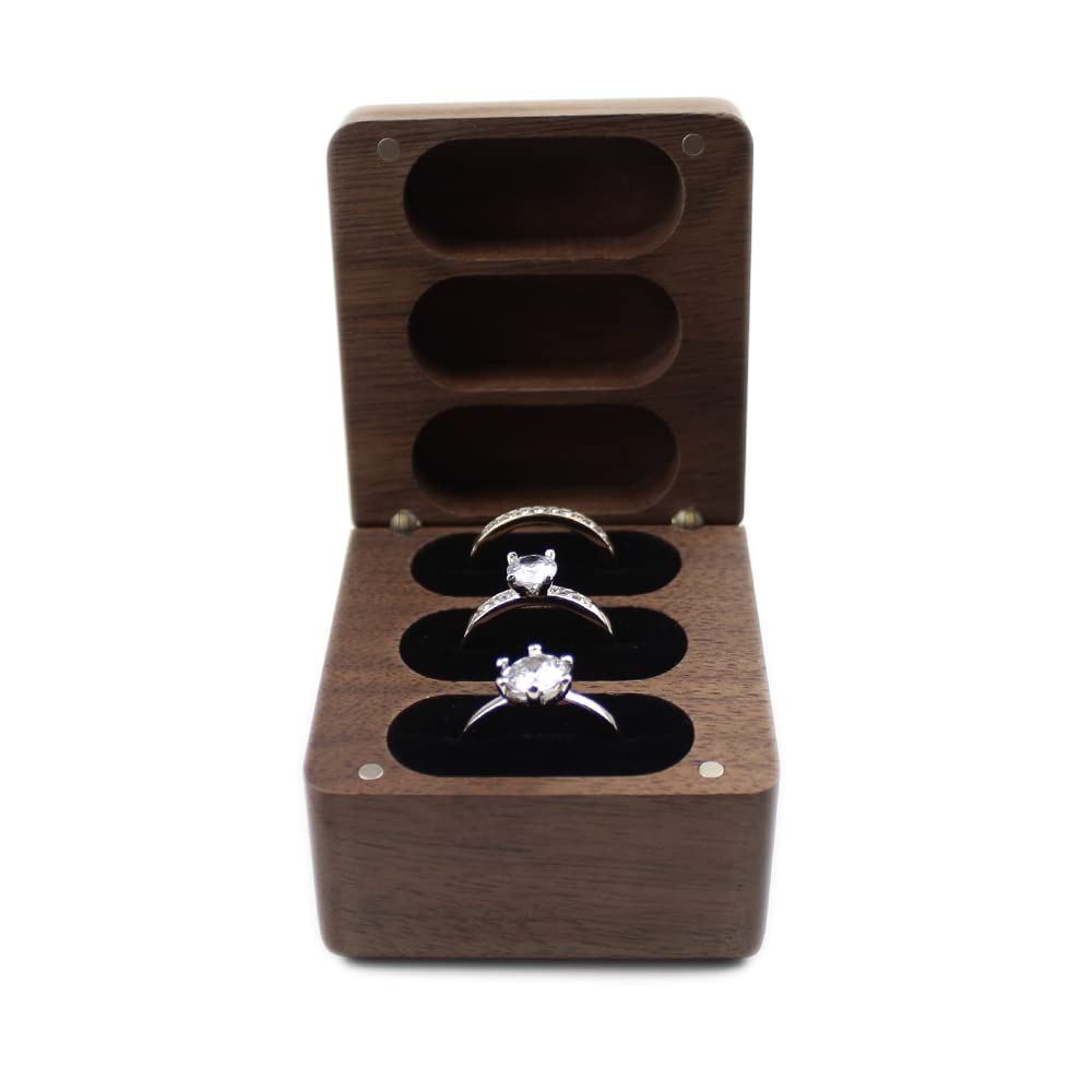 Solid Black Walnut Wood Ring Box for Wedding - Rustic Square Engagement Ring Holder with Soft Velvet Slots Holds 3 Rings - Perfect for Wedding Ceremony, Proposal, Anniversary Gift for Men & Women