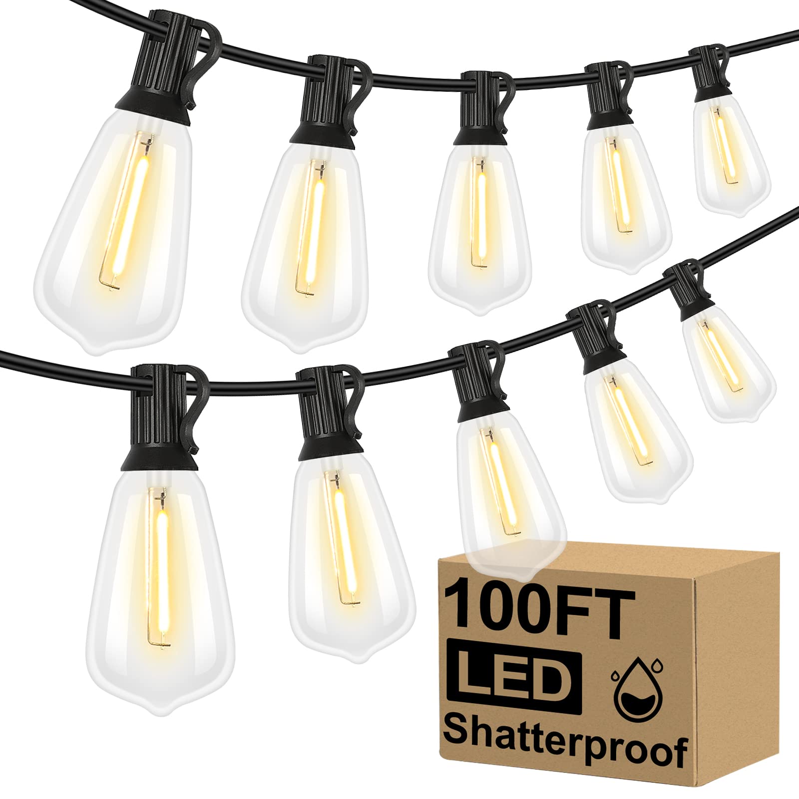 Brightever 100FT LED Outdoor String Lights with 52 Shatterproof ST38 Vintage Edison Bulbs - Waterproof Dimmable 2700K Patio Lights for Porch, Deck, Garden, Backyard & Balcony | Perfect for Wedding, Party, Restaurant and Outdoor Decor