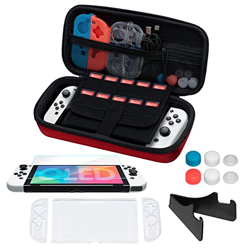 Omarando Carrying Case Accessories Kit for Nintendo Switch OLED Model - Includes TPU Protective Case Cover, Tempered Glass Screen Protector, Thumb Grip Caps & Mini Travel Playstand (Black-Red) | Perfect for Gaming On-The-Go, Travel Protection & Enhanced Gameplay Experience