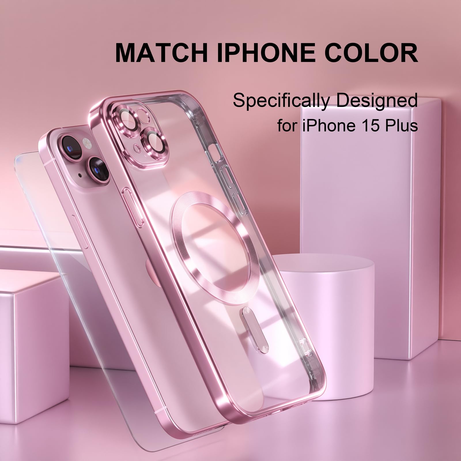 Misea Magnetic Clear iPhone 15 Case with MagSafe Compatibility | Anti-Yellowing | Military-Grade Drop Protection | Full Camera Lens Cover | Soft TPU Protective Phone Case for Women & Girls (Pink) | Perfect for Everyday Use, Work, Travel & Outdoor Activities