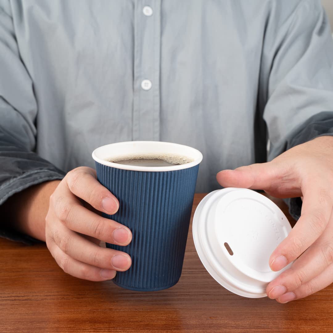 12oz Insulated Coffee Cups with Lids (200 Pack) - Leakproof & Non-Slip Ripple Wall Hot Cups for Tea, Hot Chocolate, Lattes | Midnight Blue Disposable Paper Cups for Restaurants, Cafes, Offices & Events