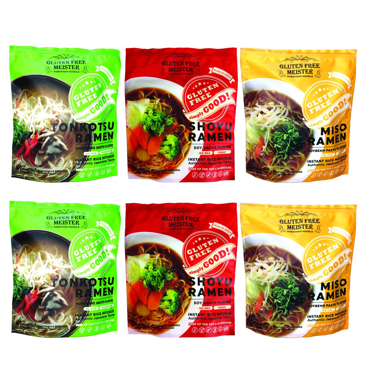 Gluten Free Meister Japanese Ramen - Tonkotsu, Shoyu & Miso Variety Pack (6pk) | Vegan & Vegetarian Friendly | Quick Lunch, College Dorm Meals & Asian Food Lovers