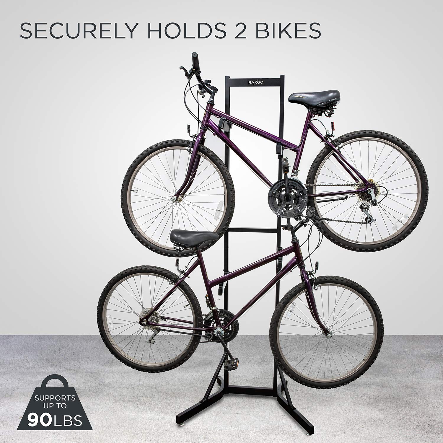 RaxGo Foldable Bike Storage Rack - Freestanding 2 Bike Stand with Adjustable Hooks for Mountain & Road Bicycles - Space Saving Garage & Indoor Bike Organizer - Perfect for Home, Apartment, and Small Space Storage Solutions