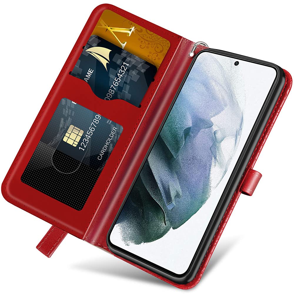 Premium PU Leather Samsung Galaxy S22 Case with Kickstand & Card Slots - Embossed Tree Design, Wrist Strap Included - 6.1 inch Protective Wallet Cover for Samsung S22 (Red) - Perfect for Work, Travel & Everyday Use