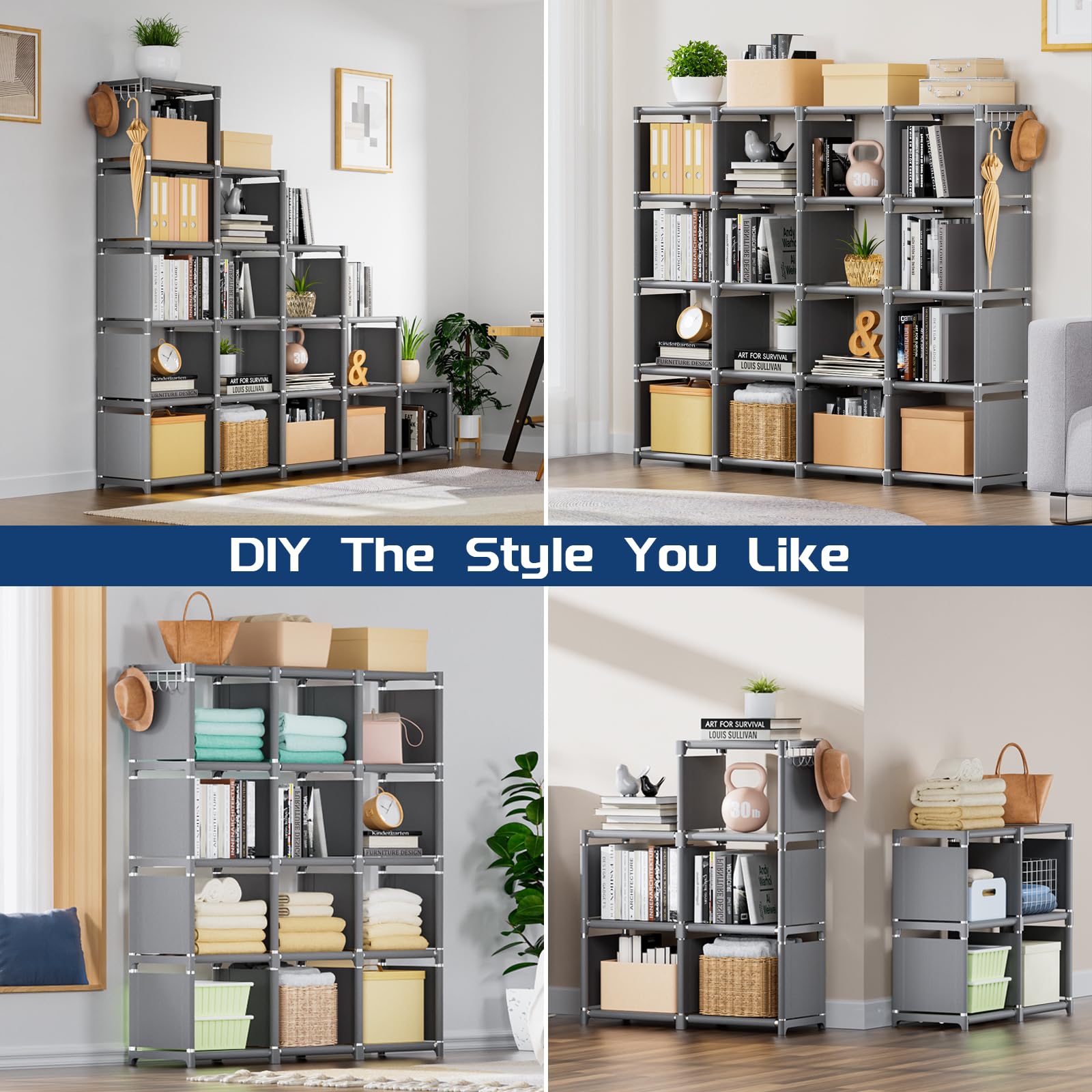 16 Cube Storage Organizer - DIY Metal Bookcase Shelf for Bedroom, Living Room, Office & Closet | Grey Cubicle Storage Rack for Books, Toys, Decor & More | Space-Saving Home Organization Solution
