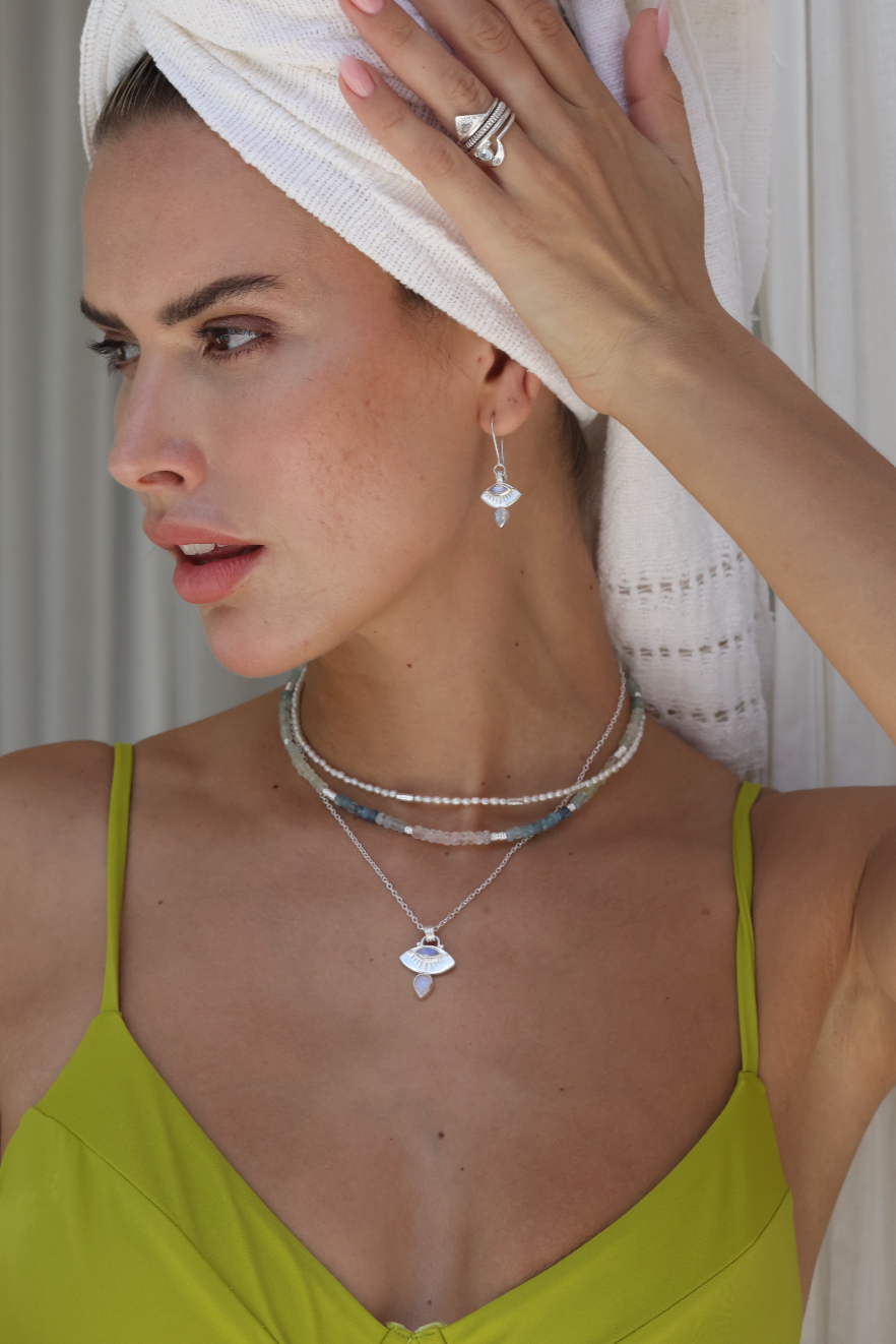 Aquamarine Silver Beaded Necklace for Women - Elegant Blue Gemstone Jewelry - Perfect for Weddings, Parties & Everyday Wear