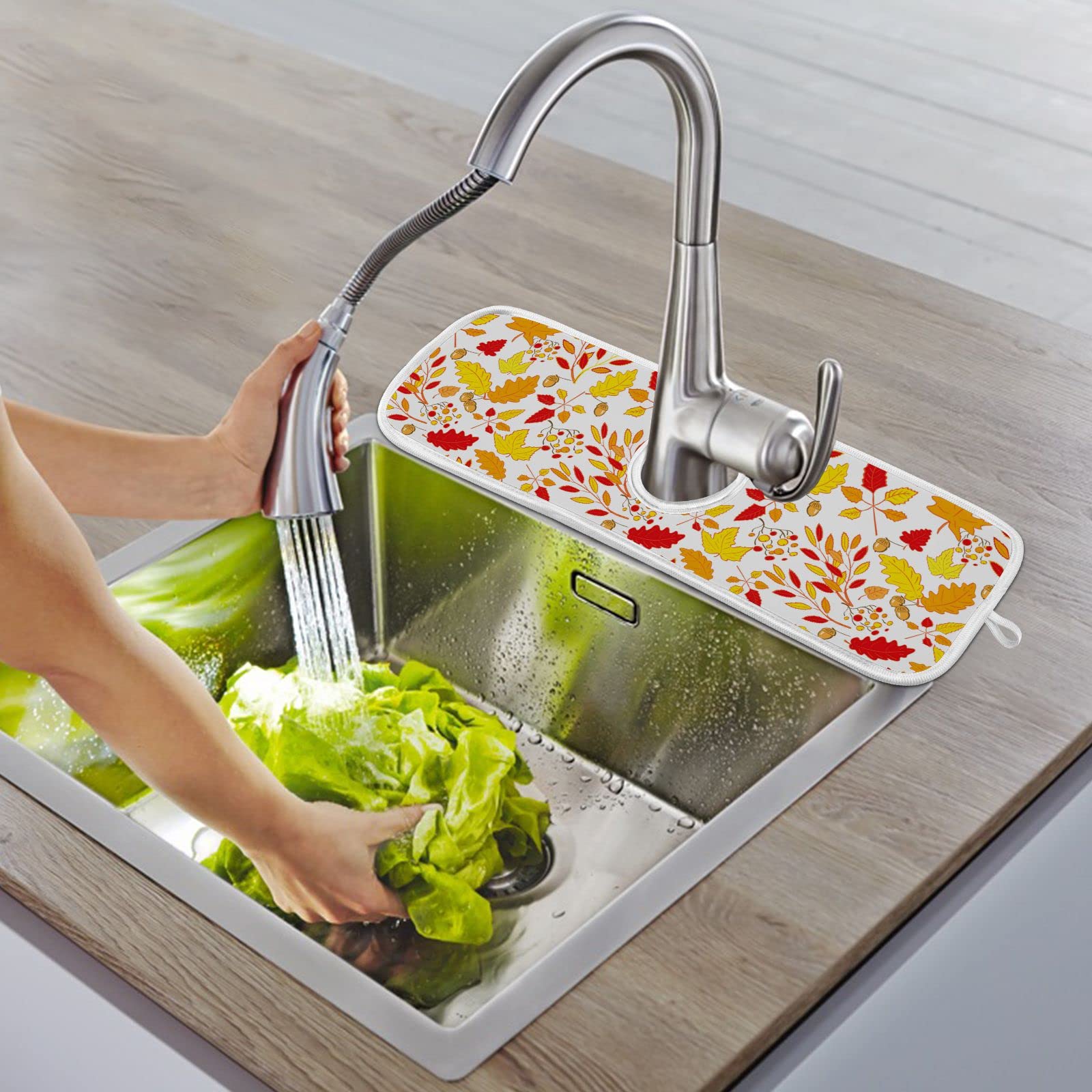 Premium Absorbent Kitchen Faucet Splash Guard Mat - Autumn Maple Leaves & Acorn Design, Quick-Dry Water Catcher for Farmhouse Sink, Bathroom & Kitchen Use - Perfect for Holiday Decor & Rustic Home Decor
