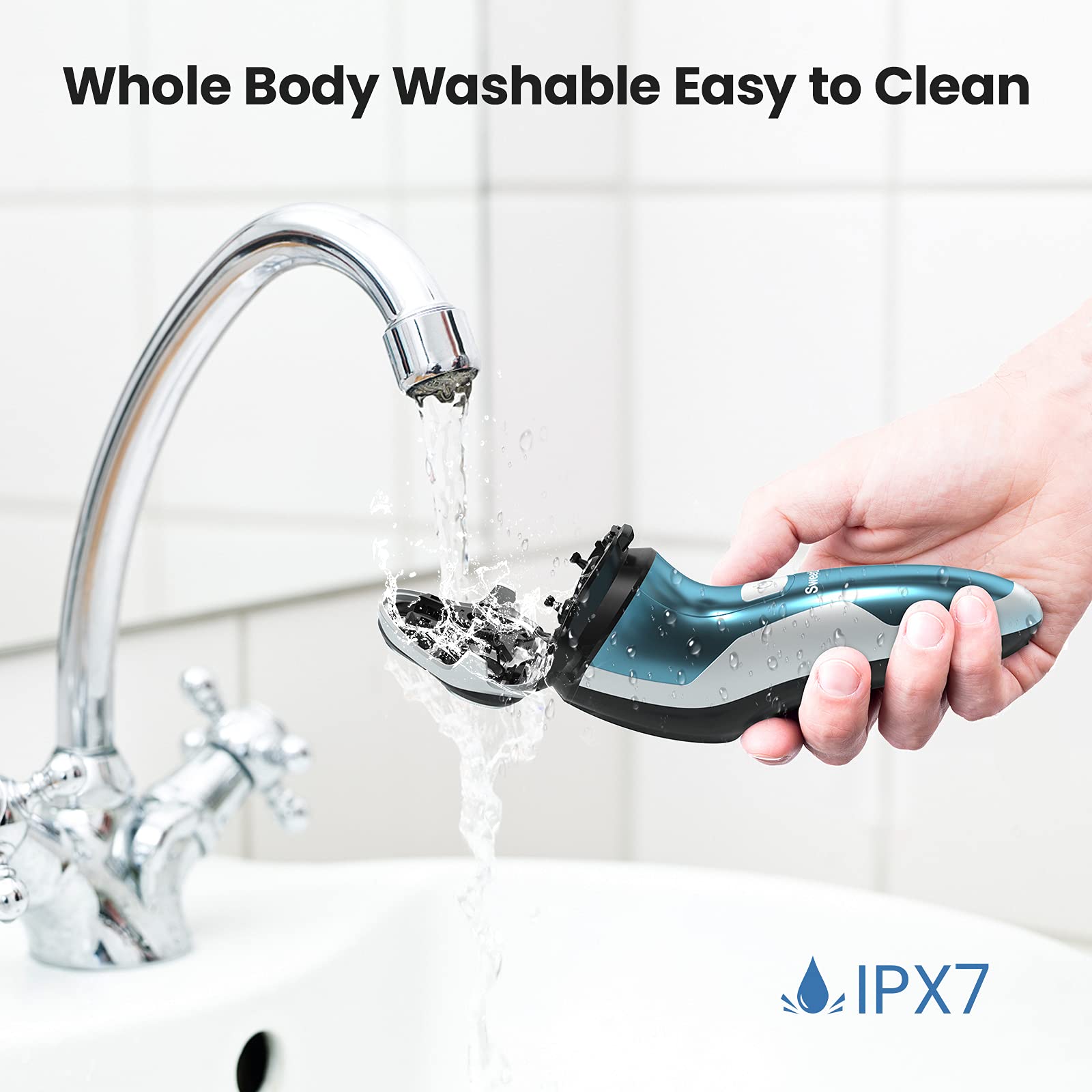 SweetLF Men's Electric Shaver - IPX7 Waterproof Rotary Shaver for Wet & Dry Use with Rechargeable Battery & Pop-up Trimmer - Perfect for Travel, Gym & Daily Grooming (Blue)