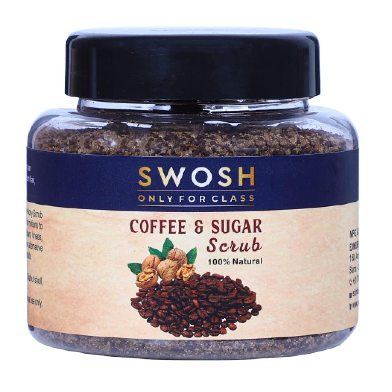 SWOSH Coffee Sugar Body Scrub with Coconut Oil, Walnut & Rock Salt - Exfoliating & Detanning for Soft, Smooth & Glowing Skin - 100% Vegan, Paraben-Free (115g) - Perfect for Spa Day, Post-Workout Refresh & Self-Care Routine - Unisex Skincare for Men & Women