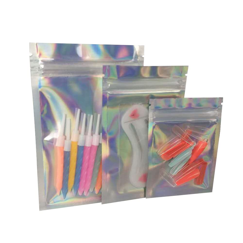 100PCS Reusable Zip Lock Sealing Bags - Double Sided Holographic Smell Proof Storage Bags (3x4 Inch) for Food, Snacks, Jewelry & Travel Essentials | Airtight & Leakproof Foil Pouch Bags for Kitchen, Office & Organizing