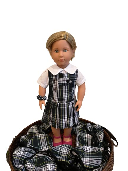 18 Inch American Doll Outfit - Blue, Gray & White Plaid Jumper Set with Blouse & Hair Accessory | School Uniform Style | Perfect for Dress Up, Role Play & Collectors (Doll & Shoes Not Included)