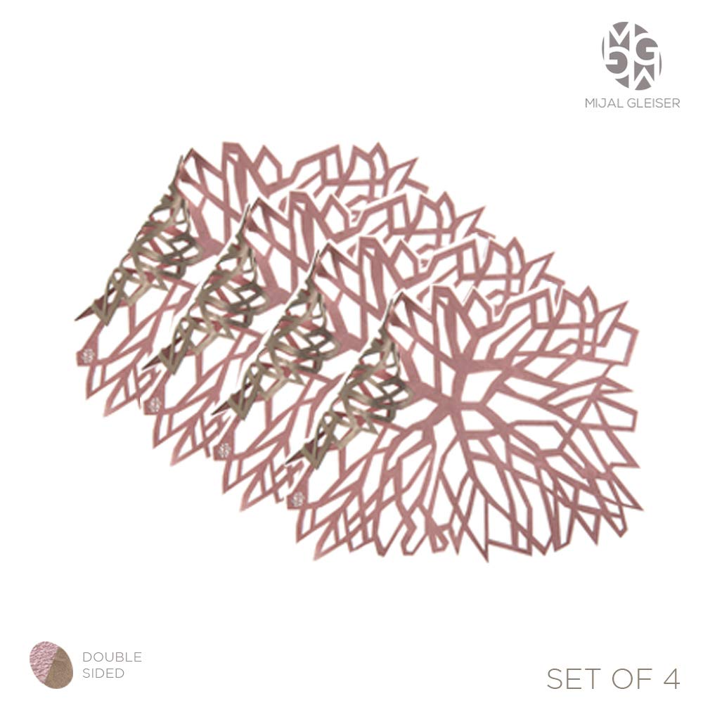 Mijal Gleiser Double Sided Laser Cut Placemats - Heat Resistant, Non Slip, Stain Resistant Set of 4 - Synapse Collection Pewter-Rose - Perfect for Dining Table, Kitchen, Party & Home Decor