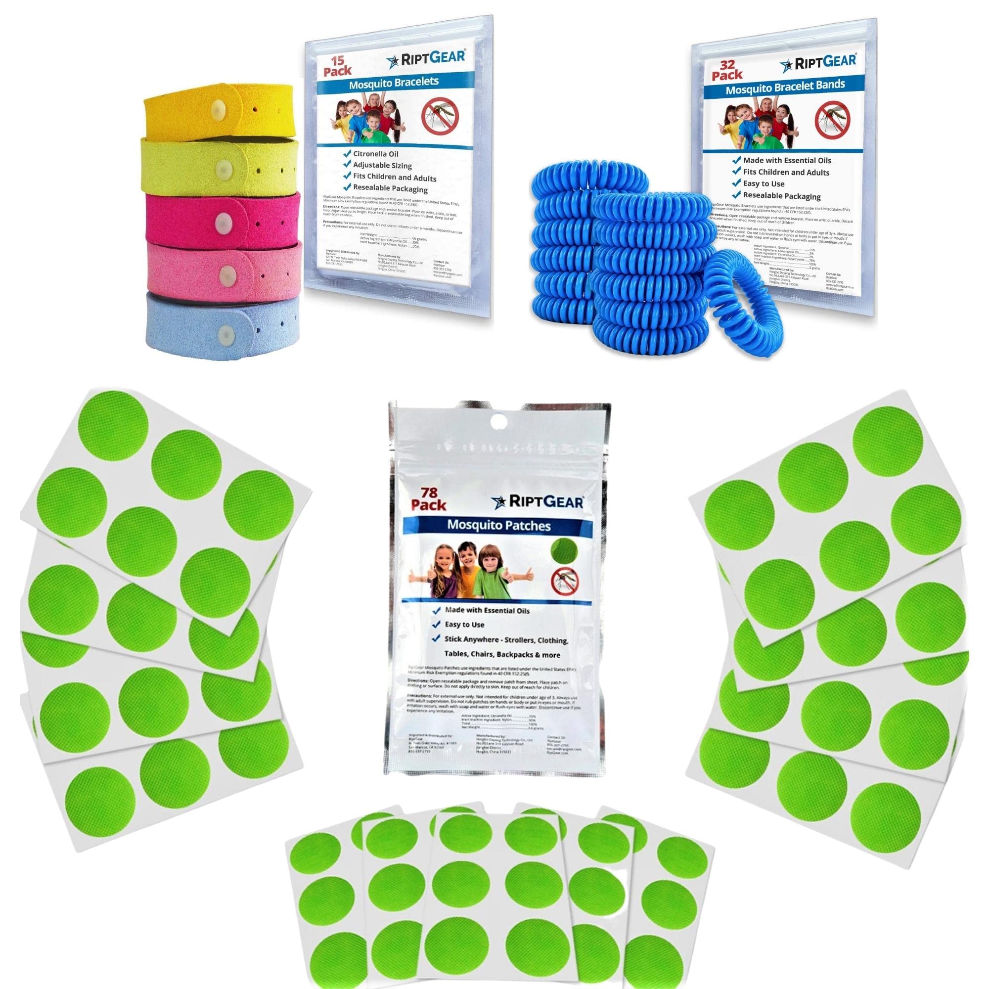 RiptGear Mosquito Repellent Patches, Bracelets & Citronella Incense Sticks - 78 Anti Mosquito Stickers, 15 Insect Repellent Wristbands & 32 Mosquito Coil Bracelets for Outdoor Camping, Hiking & Backyard Protection