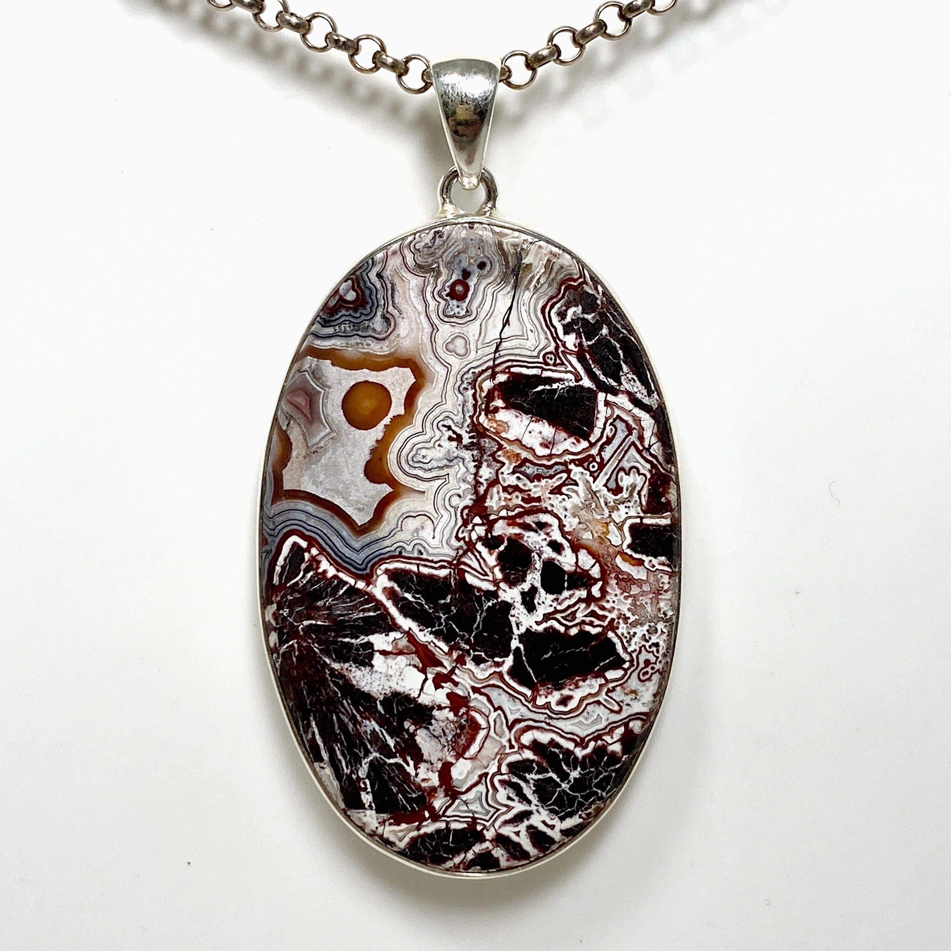 Mexican Crazy Lace Agate Oval Pendant Necklace KPGJ4572 - Elegant Handmade Jewelry for Women, Perfect for Parties & Special Occasions
