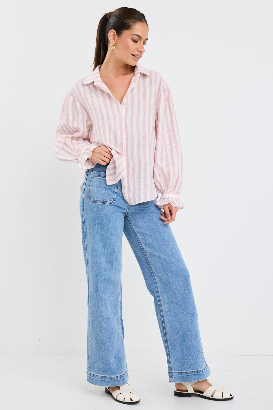 Pink Stripe Button Front Blouse for Women - Elegant Floral Print Casual Shirt - Perfect for Office, Date Night & Spring Outfits