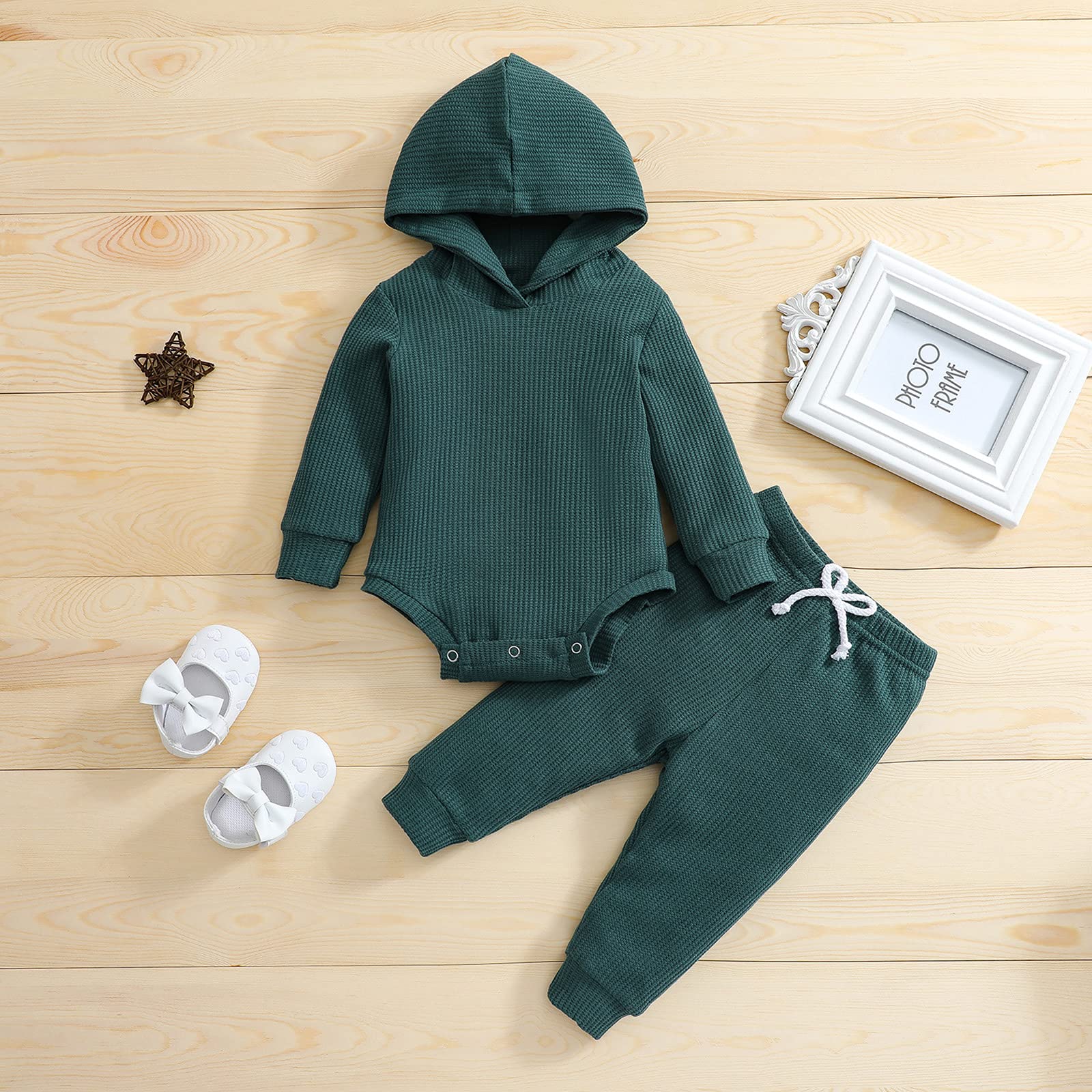 Ynibbim Winter Newborn Baby Clothes Set - 2PCS Unisex Hooded Outfits with Waffle Ribbed Design for Boys & Girls | Perfect for Cold Weather, Photo Shoots & Daily Wear