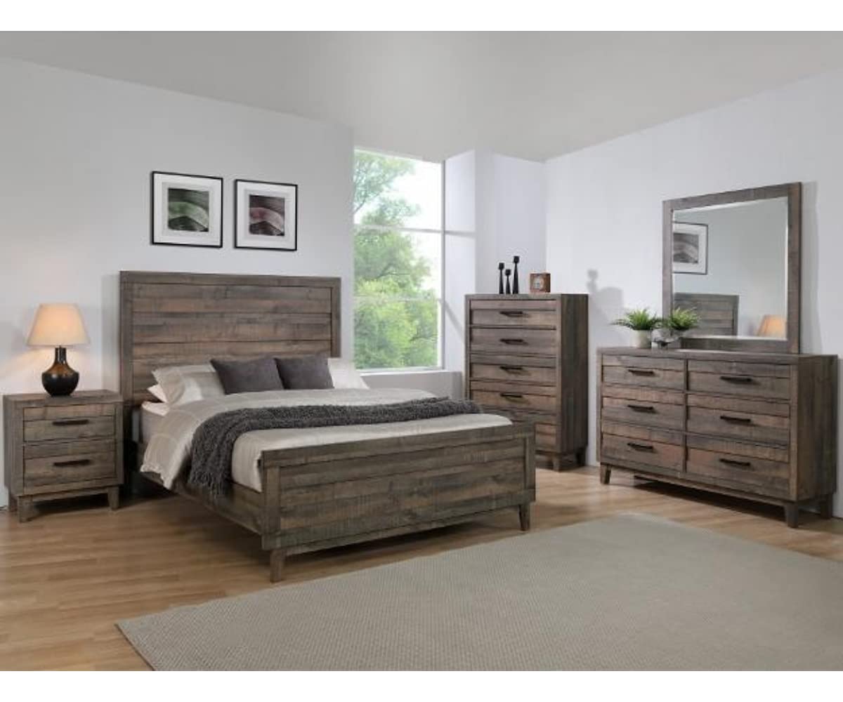 Modern Rustic Queen Bedroom Set in Brown - 5 Piece Furniture Set with Bed, Dresser, Mirror, Nightstand & Chest | Box Spring Required | Perfect for Farmhouse, Cottage & Traditional Bedroom Decor