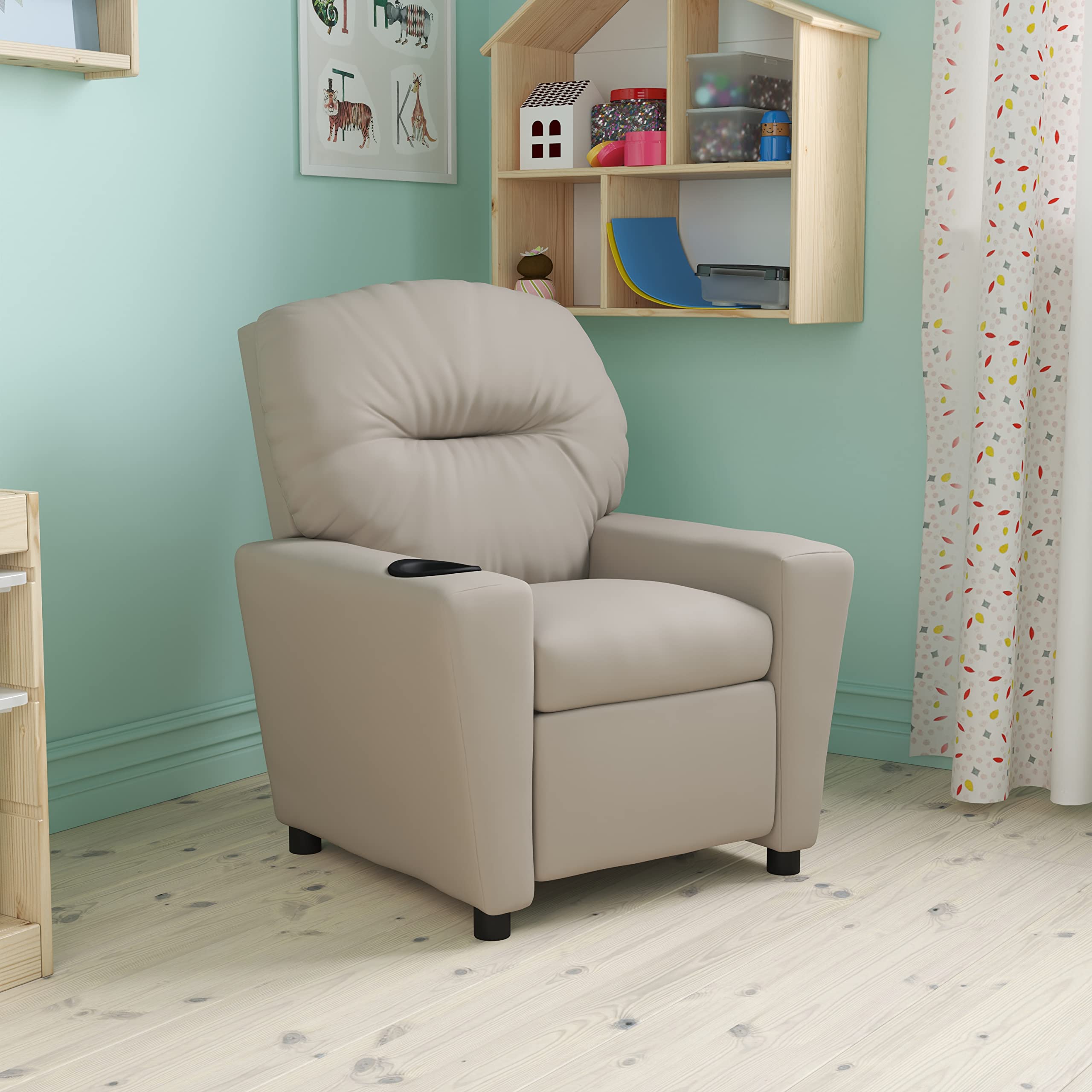 BizChair Beige Vinyl Kids Recliner with Cup Holder - Comfortable Children's Armchair for Playroom, Bedroom & Movie Night - Durable Vinyl Upholstery for Easy Cleaning