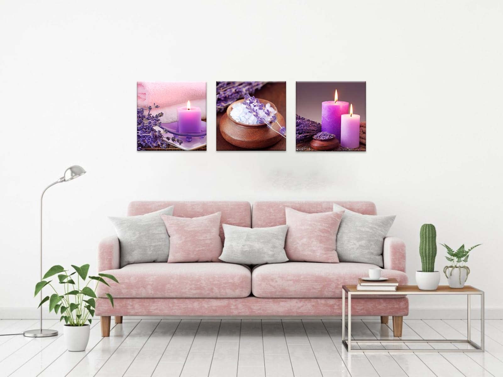 Purple Aromatherapy Candles & Zen Stone Lavender Flower Canvas Wall Art - 3 Piece 20x20 Inch Ready to Hang Bathroom Decor for Spa Relaxation, Meditation & Home Wellness Retreat