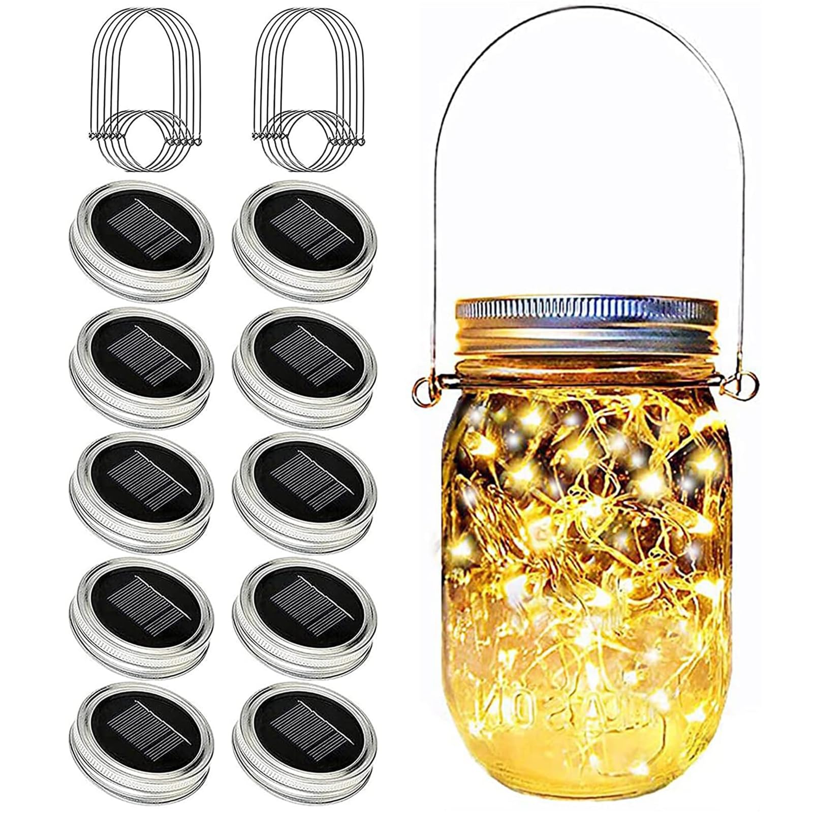VOOKRY 10 Pack Solar Mason Jar Lights - 30 LED Waterproof Outdoor Fairy Lights with Hangers for Patio, Garden, Yard, Wedding & Party Decorations (Warm White) - Perfect for Romantic Nights, Backyard Gatherings and Special Events