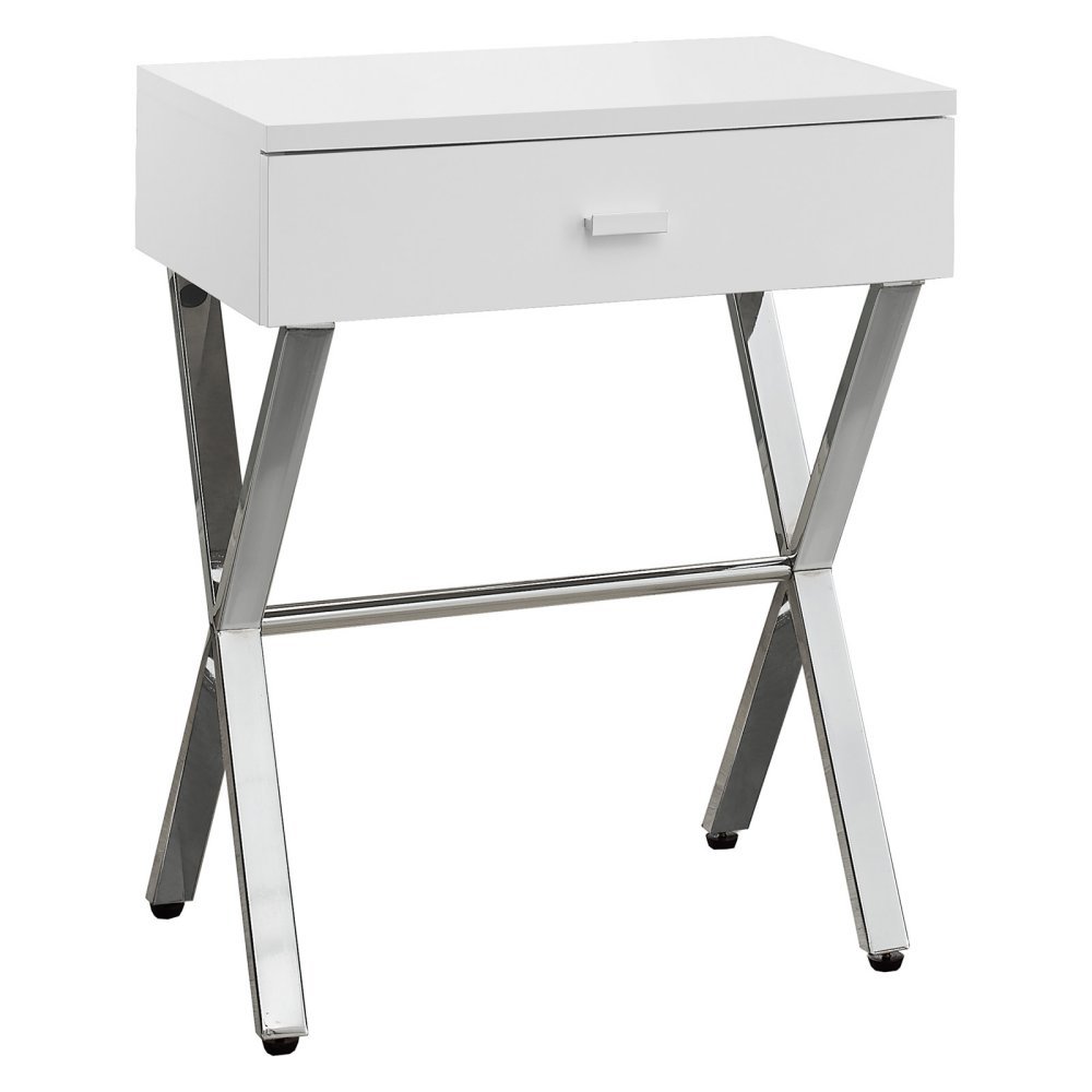 Monarch Specialties Chrome Metal Nightstand Accent Table - 22 x 12 x 18 Inches Glossy White End Table for Bedroom, Living Room & Office