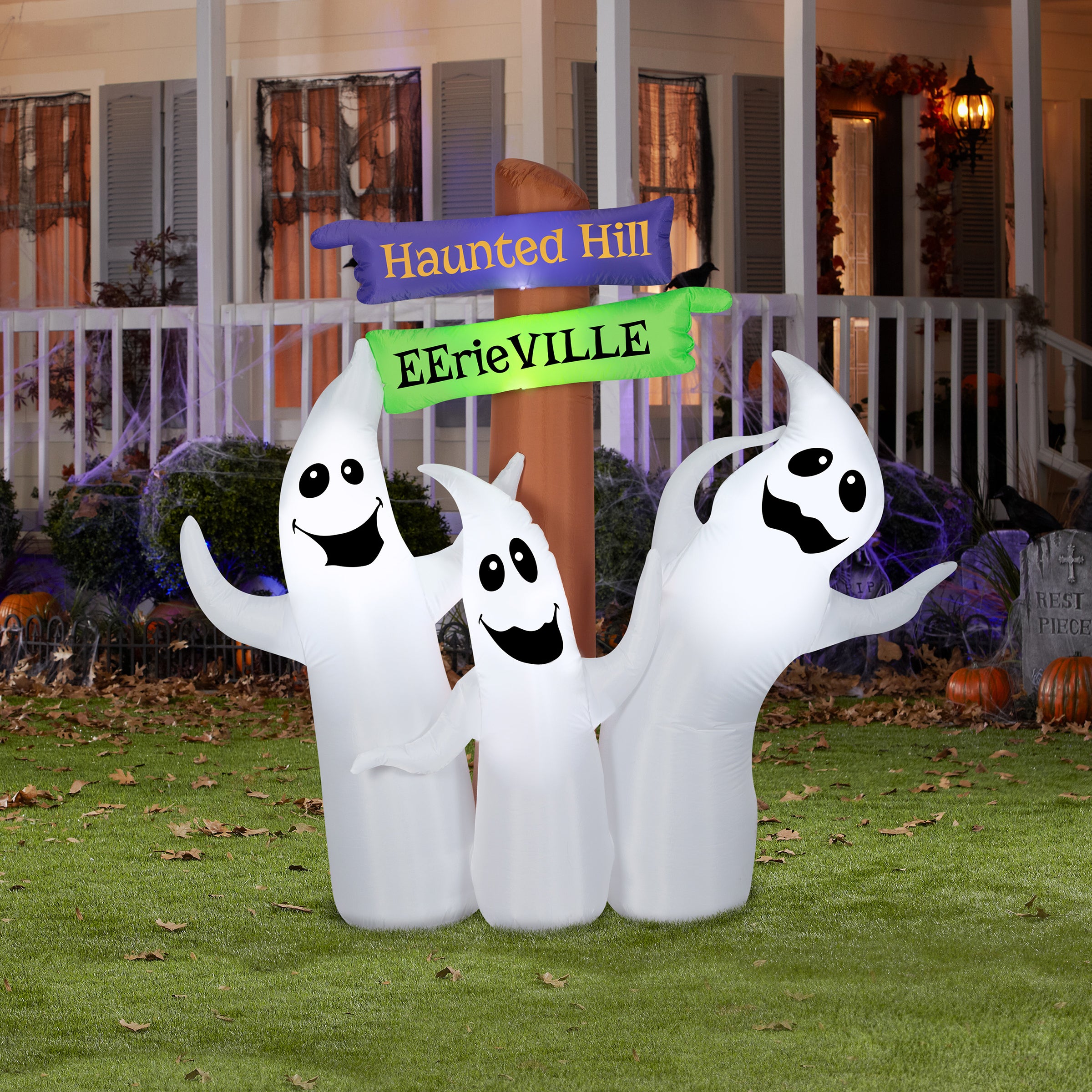 6 ft. Halloween Ghost Trio and Signpost Decoration Set - Spooky Outdoor Yard Decor for Halloween Party, Haunted House, and Trick-or-Treating