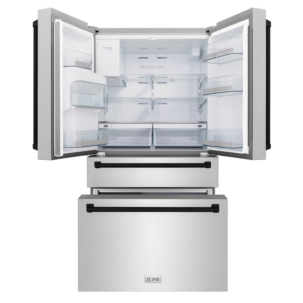 ZLINE Autograph Edition 36 Inch Counter Depth French Door Refrigerator - 21.6 cu ft Capacity, Fingerprint Resistant Stainless Steel with Matte Black Handles, Built-in Water and Ice Dispenser | Perfect for Modern Kitchens, Open Concept Homes & Entertaining Guests (RFMZ W 36 MB)