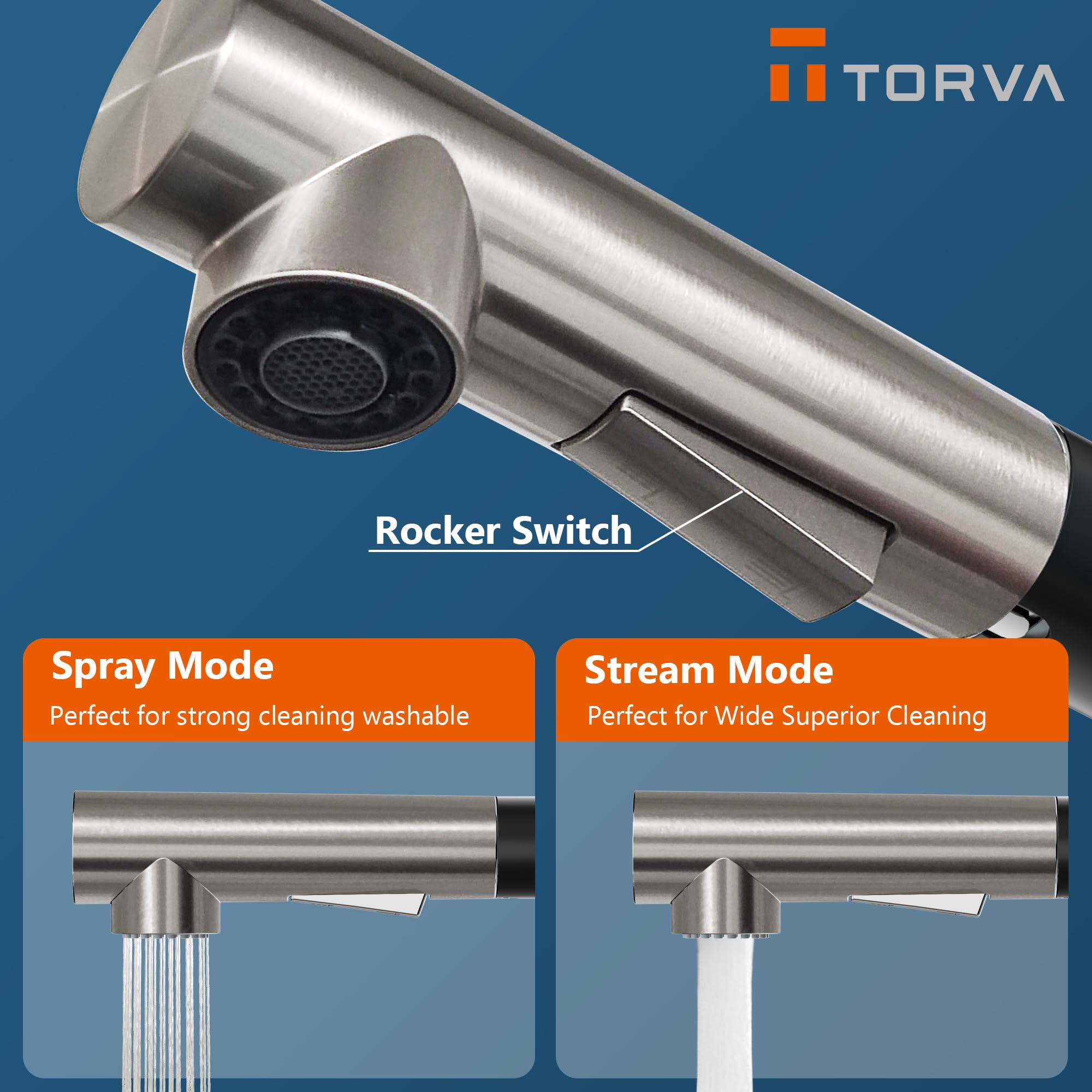 TORVA Stainless Steel Pull Down Kitchen Faucet with Pull Out Sprayer - Single Handle Deck Plate in Matte Black & Chrome | Modern Sink Faucet for Home & Commercial Kitchens