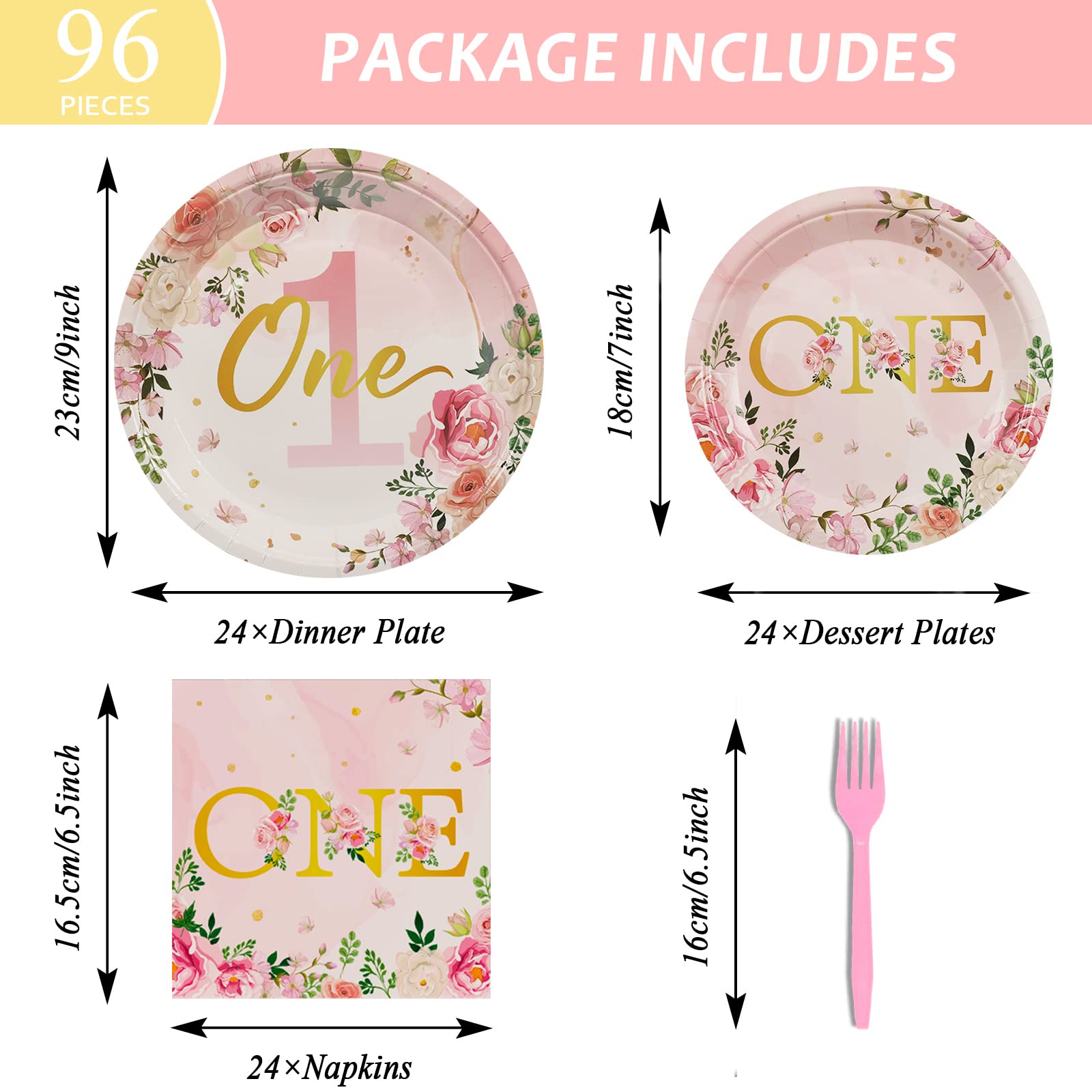 96Pcs 1st Birthday Party Supplies Set for Girls - Floral Themed Plates, Napkins & Tableware Decorations - Baby Shower & First Year Celebration - Serves 24 Guests - Perfect for Birthday Parties, Baby Showers & Special Milestone Events