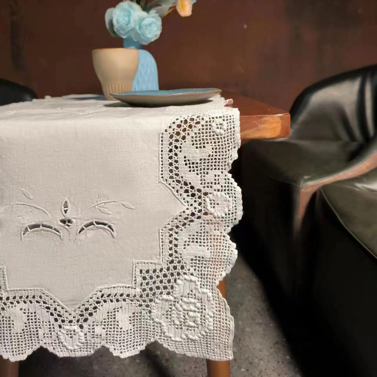 Handmade Cotton Crochet Lace Table Runner - 16x36 Inch White Rose Design for Coffee Tables, Dining Tables, Wedding Decor & Home Decoration