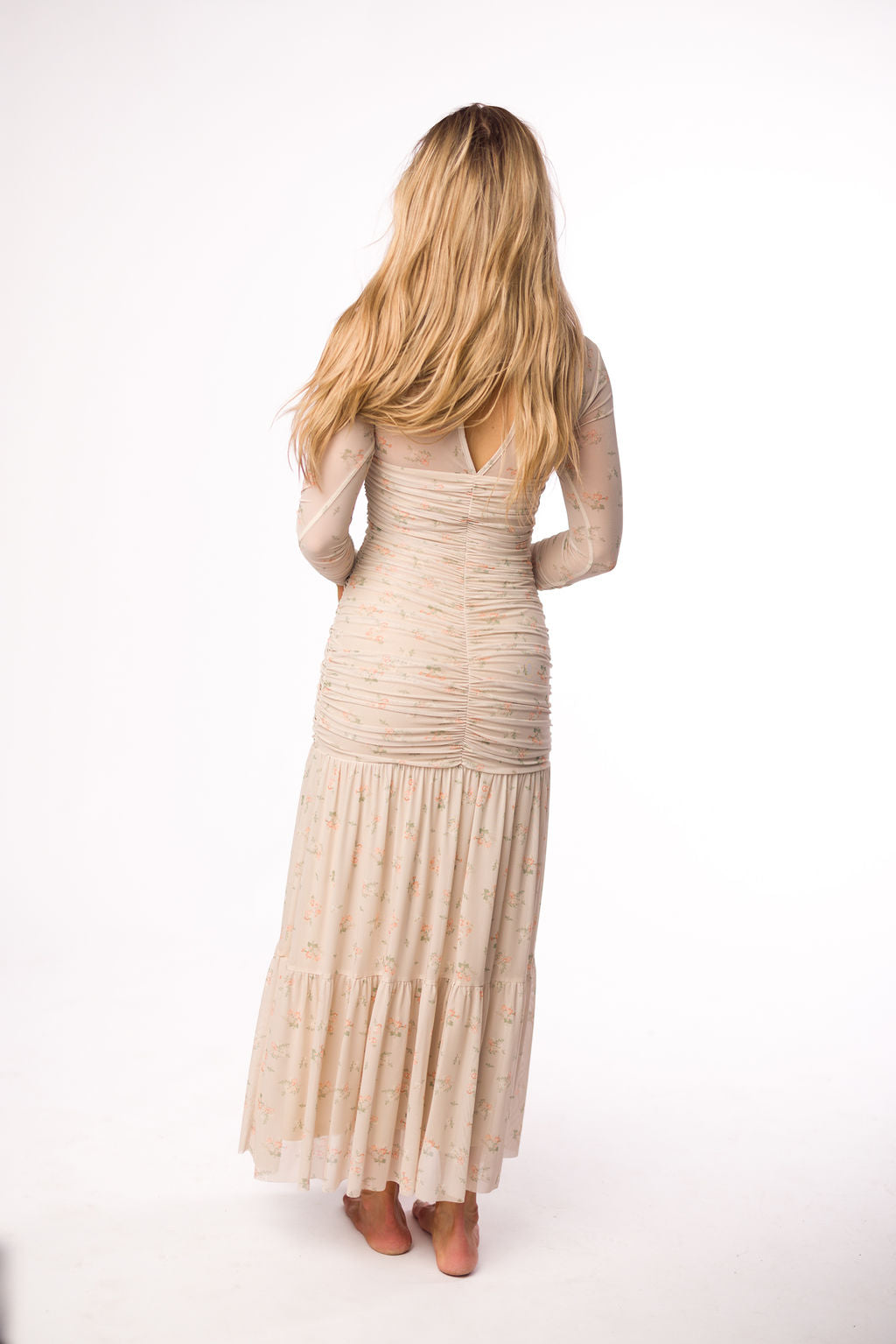 Camille Mesh Gathered Side Seam Maxi Dress in Nude Multi Floral - Bump Friendly Maternity Dress for Pregnancy, Nursing & Special Occasions | Perfect for Baby Showers, Weddings & Summer Vacations