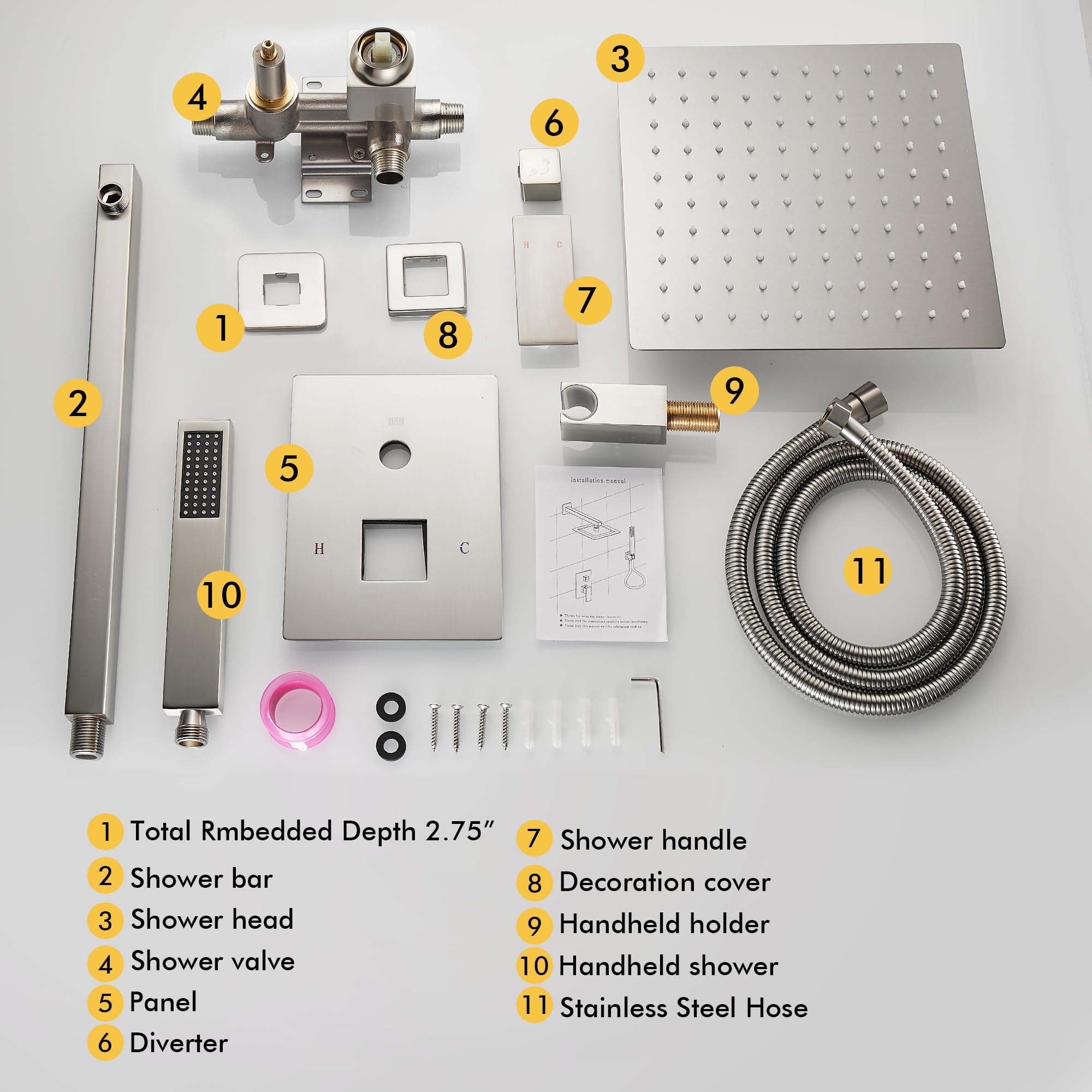 Fransiton 12 Inch Brushed Nickel Wall Mounted Rainfall Shower System Set with Handheld Shower Head - Complete Bathroom Shower Kit Including Valve for Luxurious Spa Experience at Home