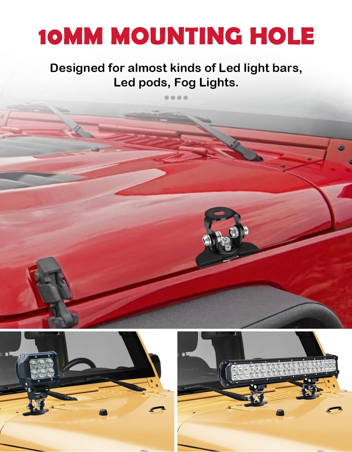 Universal LED Light Bar Mounting Brackets - 304 Stainless Steel Hood Clamp Mounts for Trucks & Off-Road Vehicles (Black) - Durable LED Hood Light Installation Kit for Jeep, ATV, UTV & 4x4 Adventures