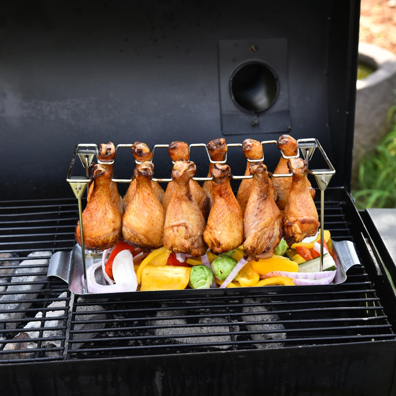 Premium Stainless Steel Chicken Leg Rack for Grill & Smoker - 12 Slot Chicken Wing & Drumstick Holder with Drip Tray - Heavy Duty BBQ Grill Accessories for Outdoor Cooking, Backyard Parties & Camping