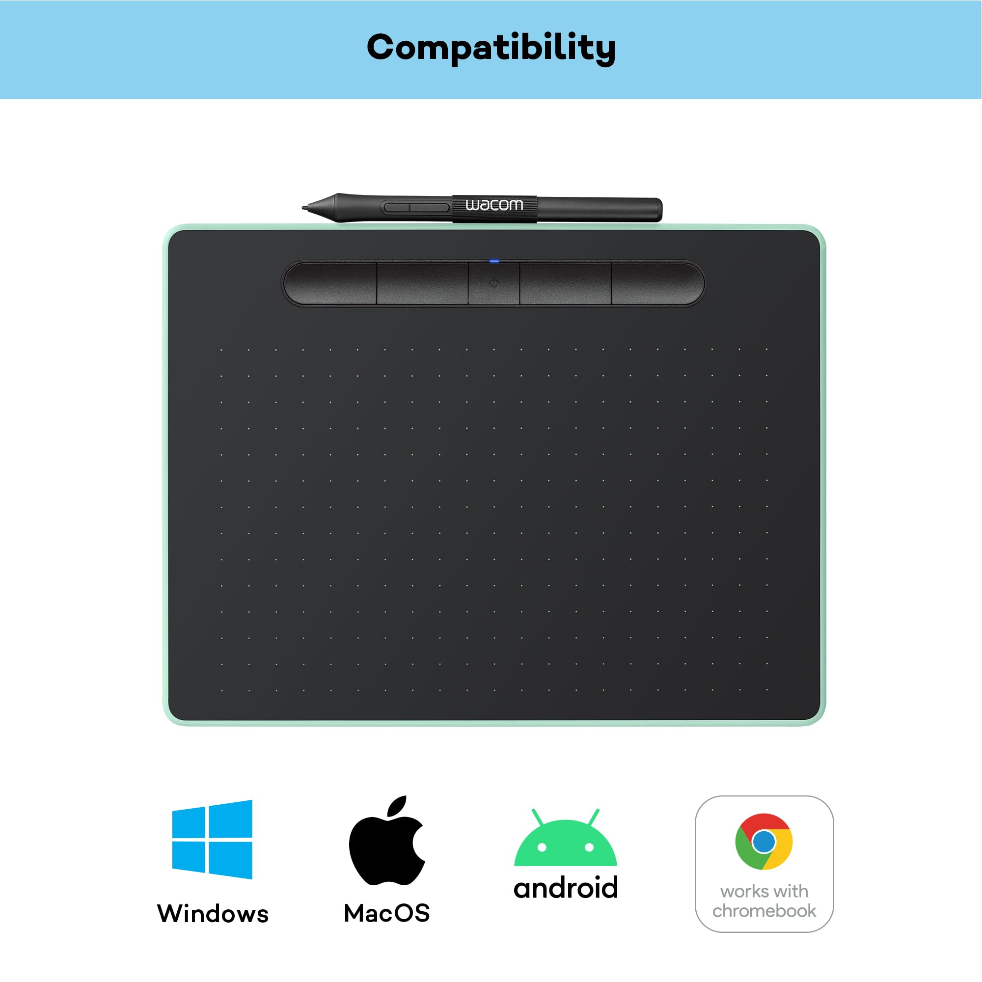 Wacom Intuos M Bluetooth Drawing Tablet - 2540 LPI Resolution, 8.5 x 5.3 Inch Active Area, USB/Bluetooth Connectivity - Black & Green - Perfect for Digital Art, Graphic Design & Online Teaching