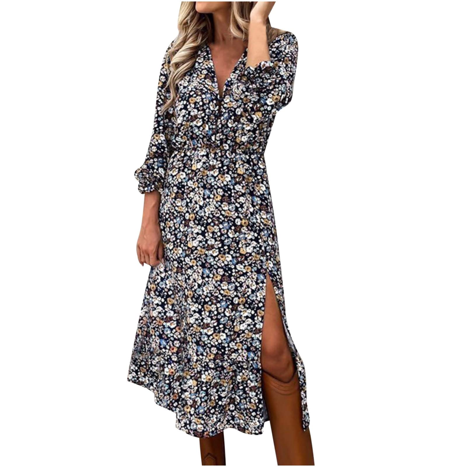 Women's Floral Print V-Neck Maxi Dress with Ruffle Hem - Elegant Mermaid Cocktail Dress for Casual Wear, Parties & Special Occasions