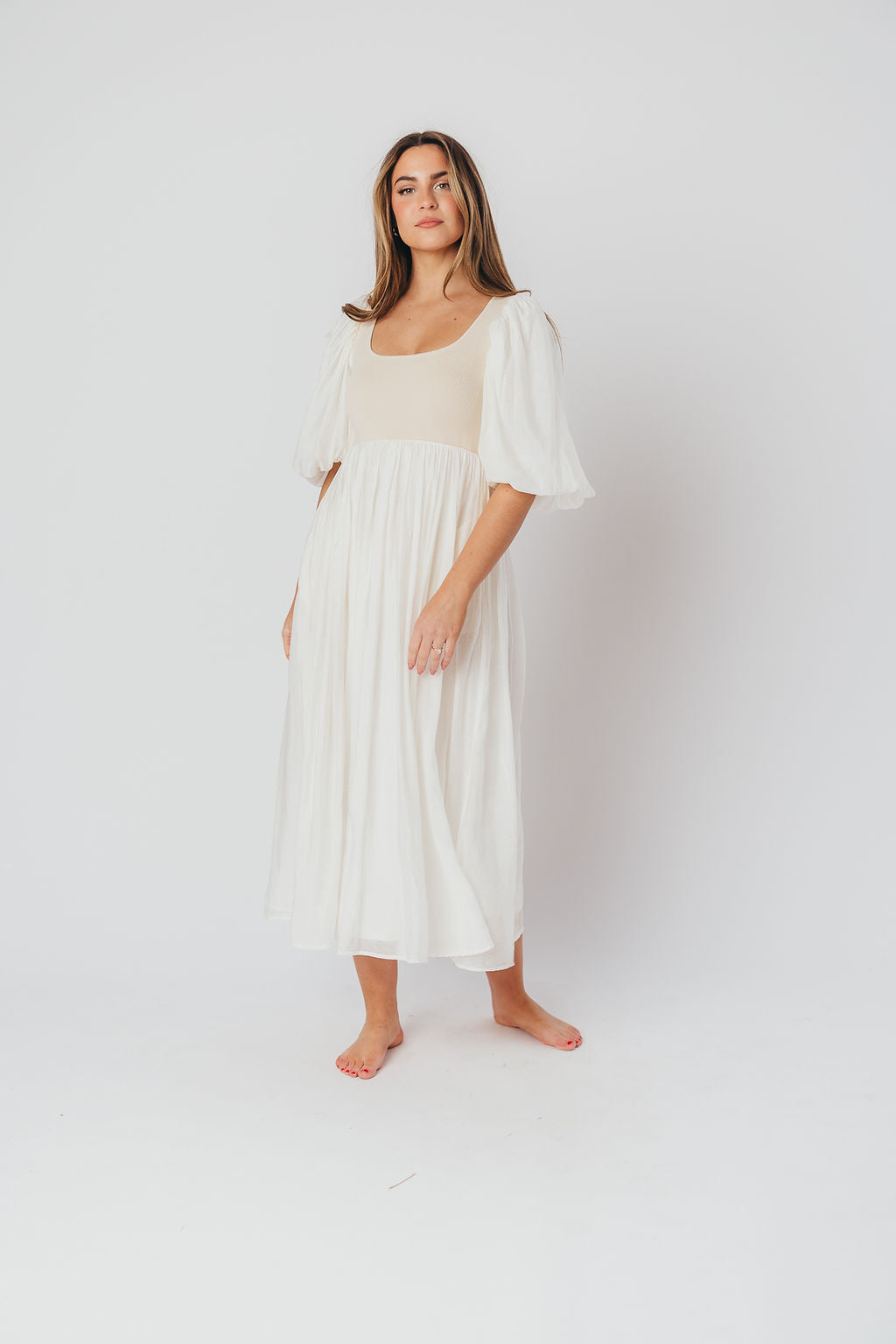 Raina Women's Maternity Midi Dress with Puff Sleeves - Bump Friendly Flowy Dress in Natural for Pregnancy, Nursing & Special Occasions