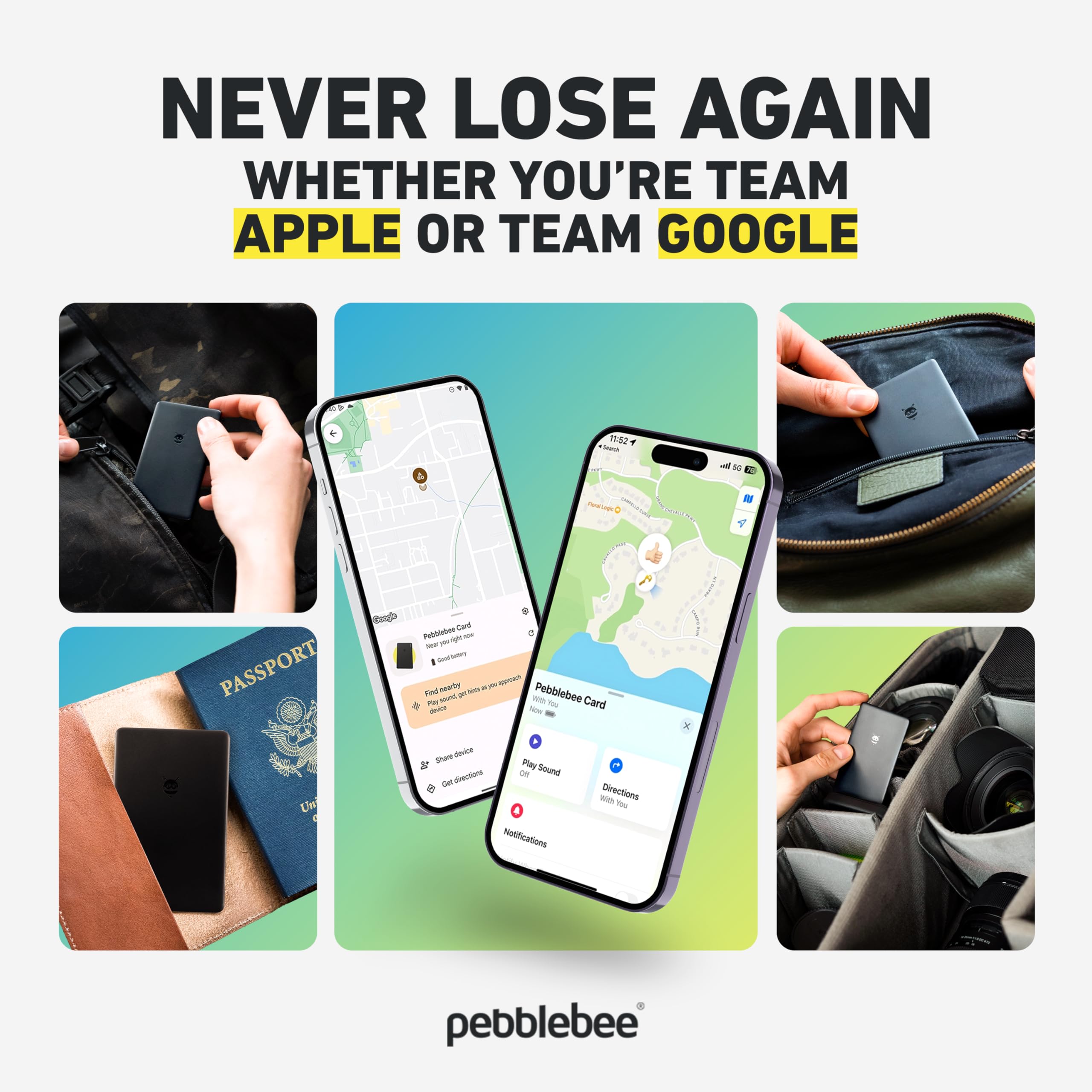 Pebblebee Tracker Card - Slim Rechargeable Bluetooth Item Finder | Works with Find My App for iOS & Android | 18-Month Battery Life | LED & Sound Alerts | Perfect for Wallets, Keys & Luggage Tracking
