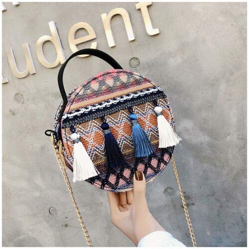 Vintage Round Tassel Handbag for Women - Bohemian Rattan Crossbody Purse, Handmade Woven Beach Bag with Circular Design (Blue) | Perfect for Summer Outfits, Beach Vacations & Boho Fashion Accessories