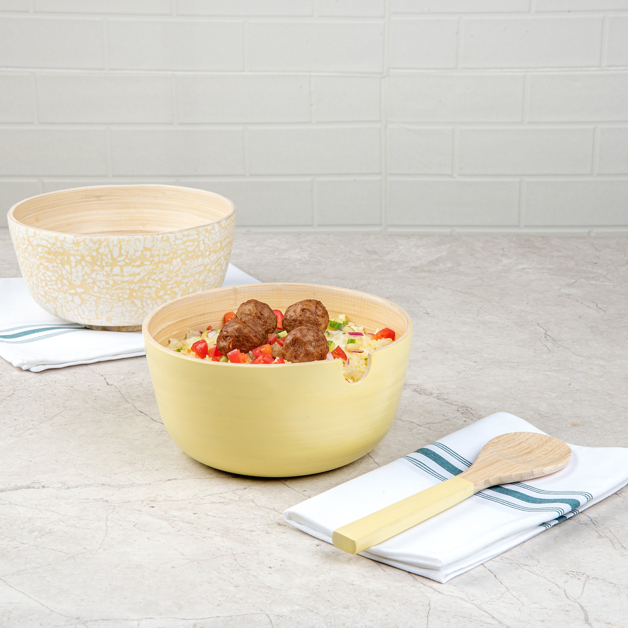 Bambuddha 25 oz Round Cream Spun Bamboo Serving Bowl with Spoon - 7.75