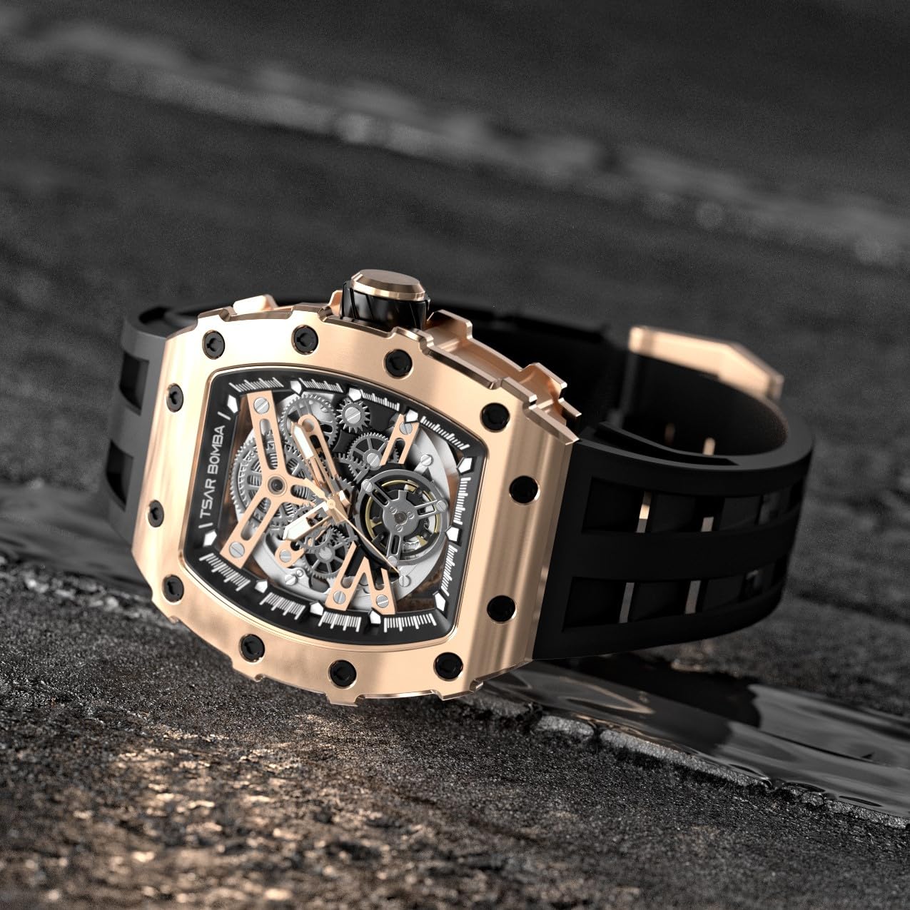 Luxury Men's Tonneau Watch - 50M Waterproof Mechanical Chronograph with Silicone Band | Perfect for Business, Casual & Outdoor Activities | Great Gift for Men