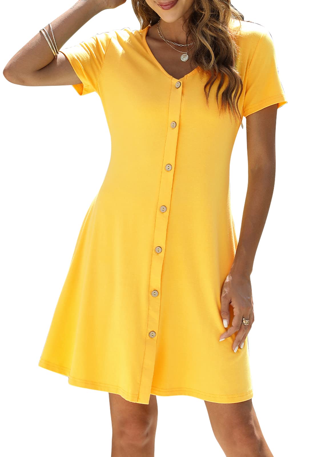 Manydress Women's Summer Casual T-Shirt Dress - Short Sleeve Button Down Swing Dress with Pockets MY035 | Perfect for Beach Outings, Picnics & Casual Wear