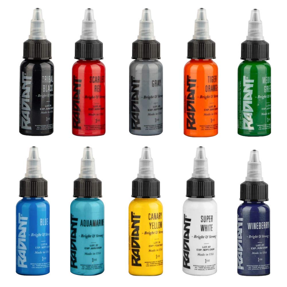 Premium 10-Color Tattoo Ink Set - 1oz Bottles, Vibrant & Long-Lasting Pigments, Made in USA - Perfect for Professional Tattoo Artists & Beginners