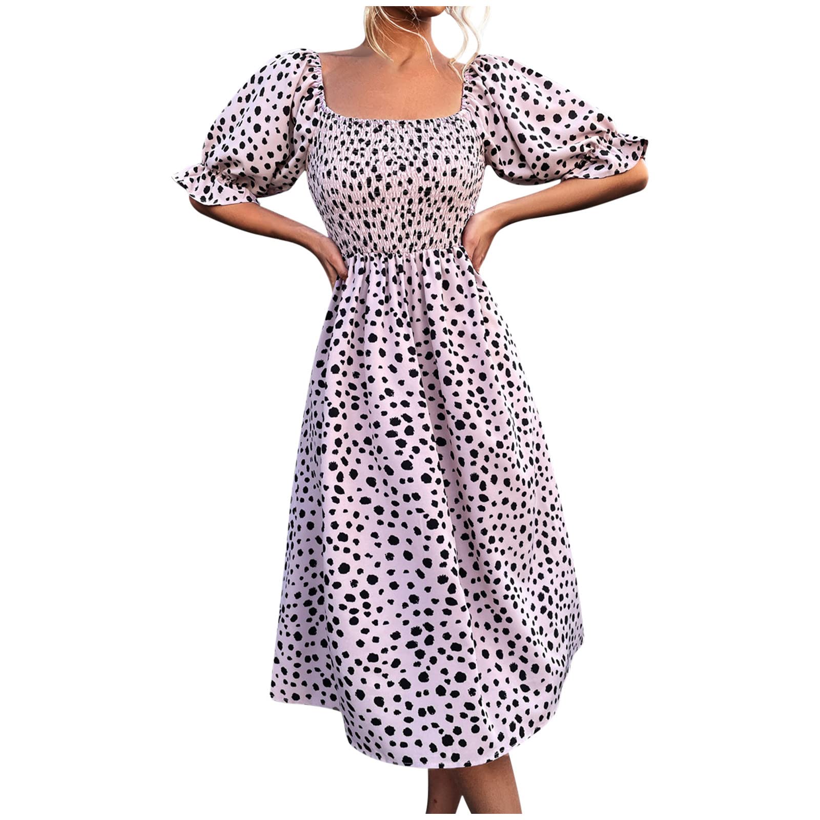 Women's Summer Casual Dress - Square Collar Ruffle Sleeve Leopard Print Boho Midi Dress with Belt | Flowy Smocked Beach Dress for Vacation, Party & Date Night