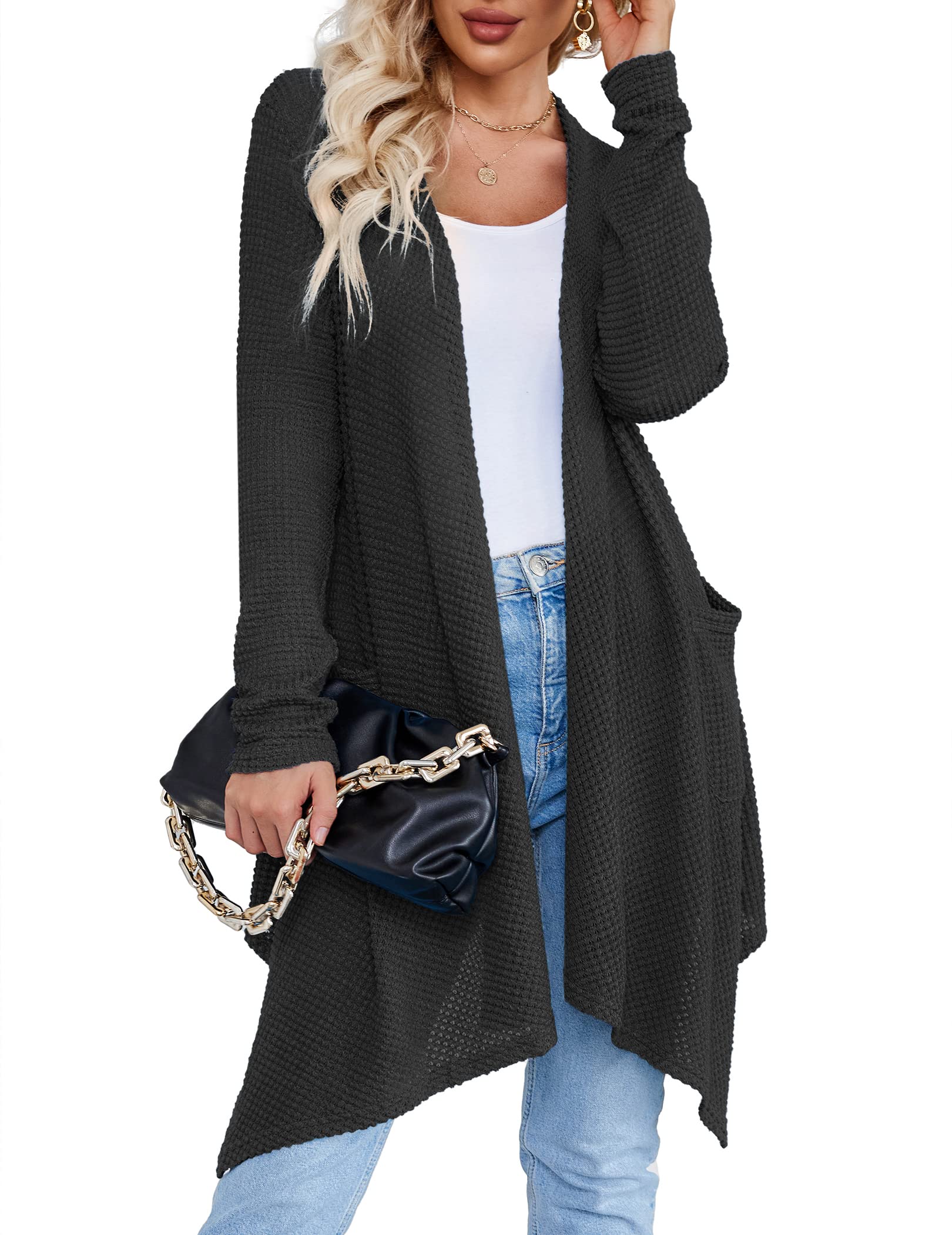 ELESOL Women's Waffle Knit Cardigan - Open Front Long Sleeve Drape Sweater with Pockets | Cozy Knitted Outwear for Fall & Winter | Perfect for Office, Casual Wear & Layering