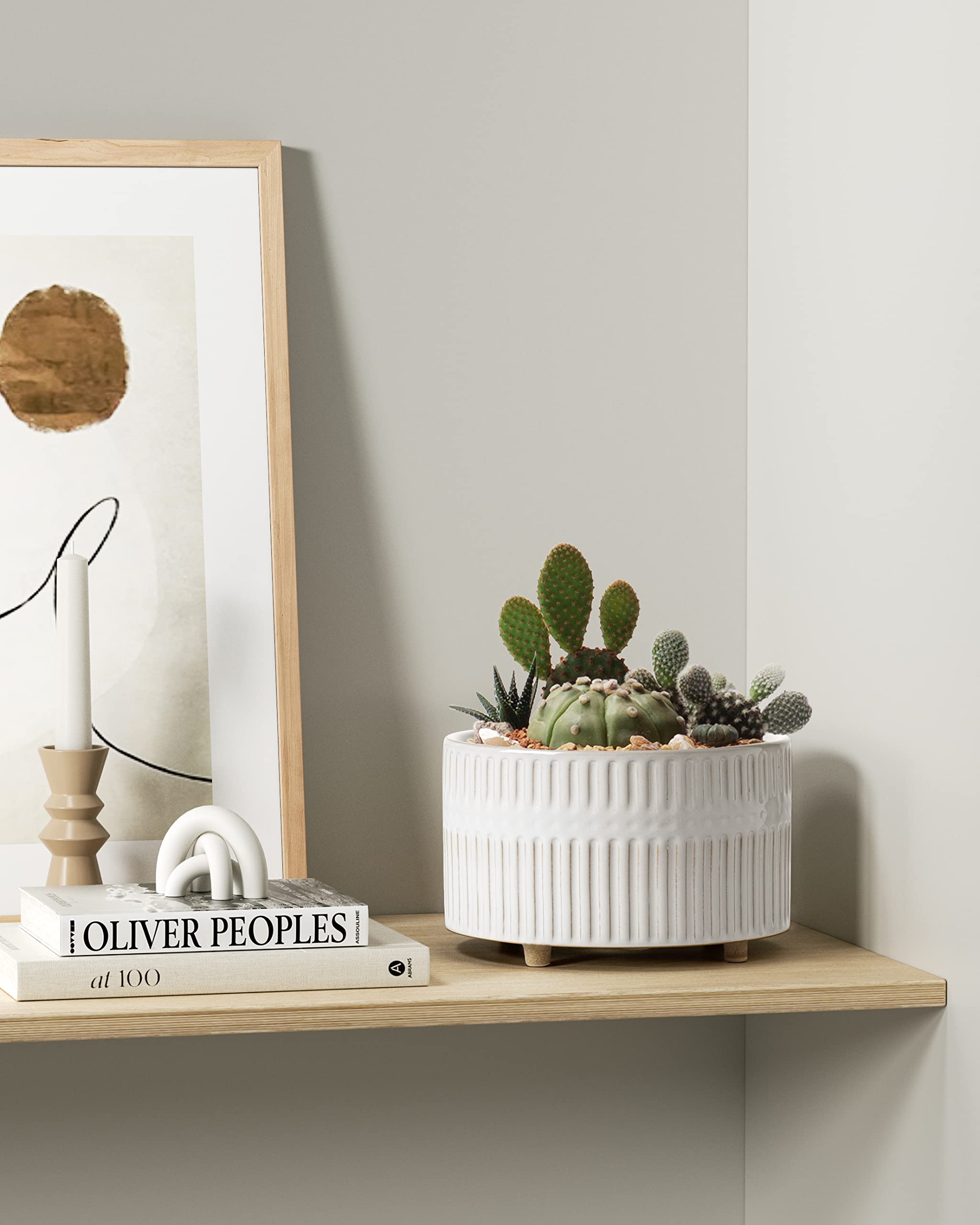 LE TAUCI 6.5+8 Inch Ceramic Succulent Plant Pots with Drainage Hole - Modern Round Decorative Flower Pots Set of 2, Reactive Glaze White - Perfect for Indoor Plants, Home Decor, Office Desk & Gift Ideas