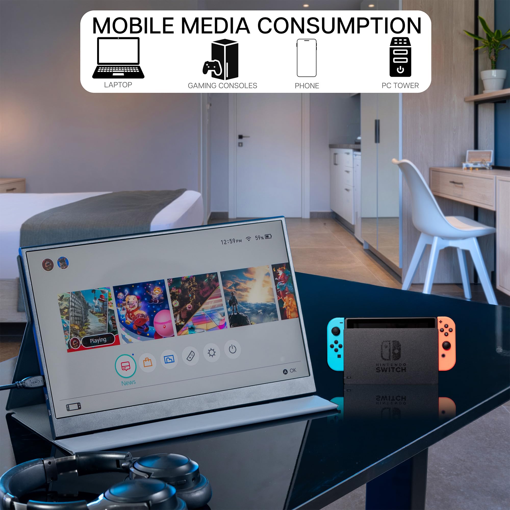 VIVO 15.6 Inch Portable Monitor for Laptop - Ultra Slim USB-C HDMI External Display with Adjustable Stand, Compatible with Laptops up to 18.5 Inches (Black) - Perfect for Work from Home, Gaming & Travel