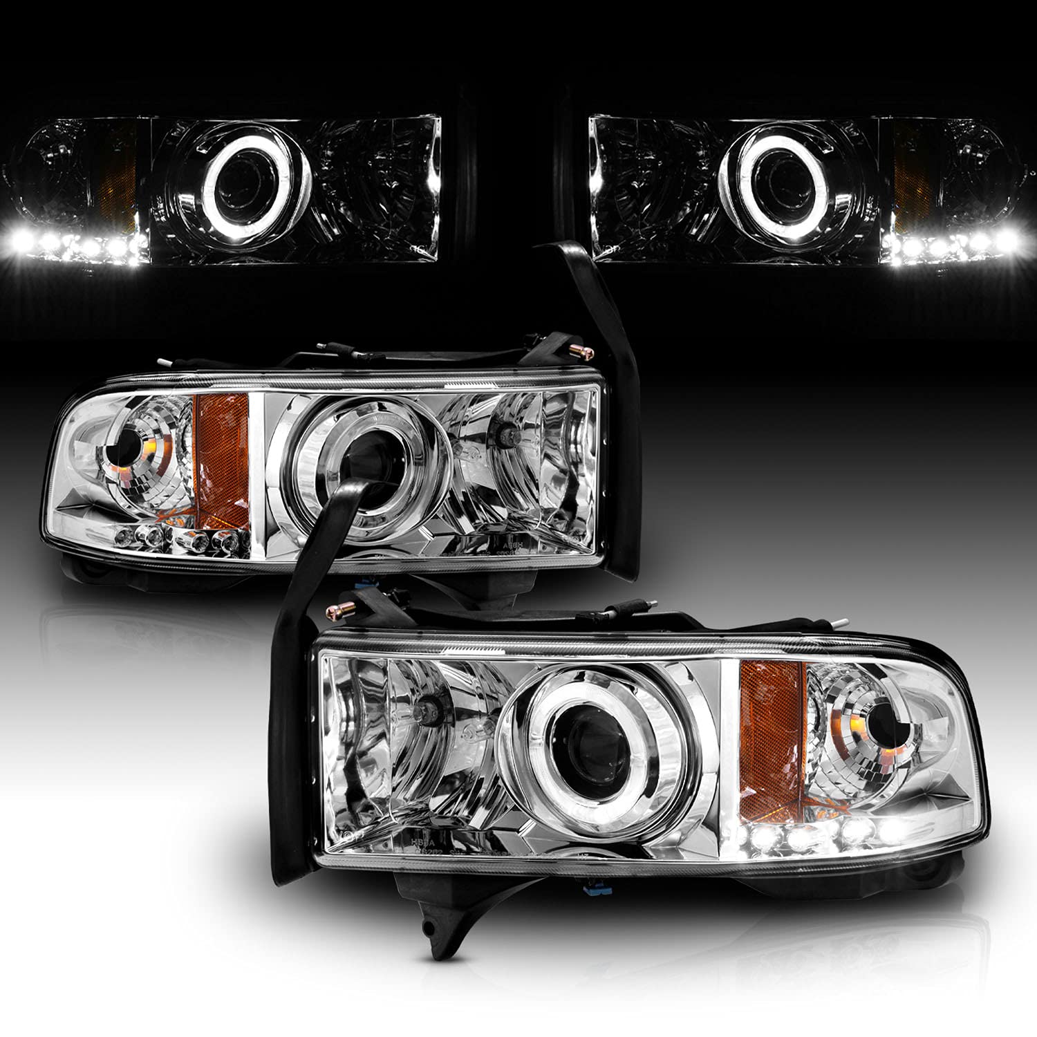 1994-2001 Dodge Ram 1500 2500 3500 Pickup Truck Black LED Halo Projector Headlights Assembly Set - Passenger & Driver Side Replacement for Improved Night Visibility | Off-Road Driving & Urban Commuting