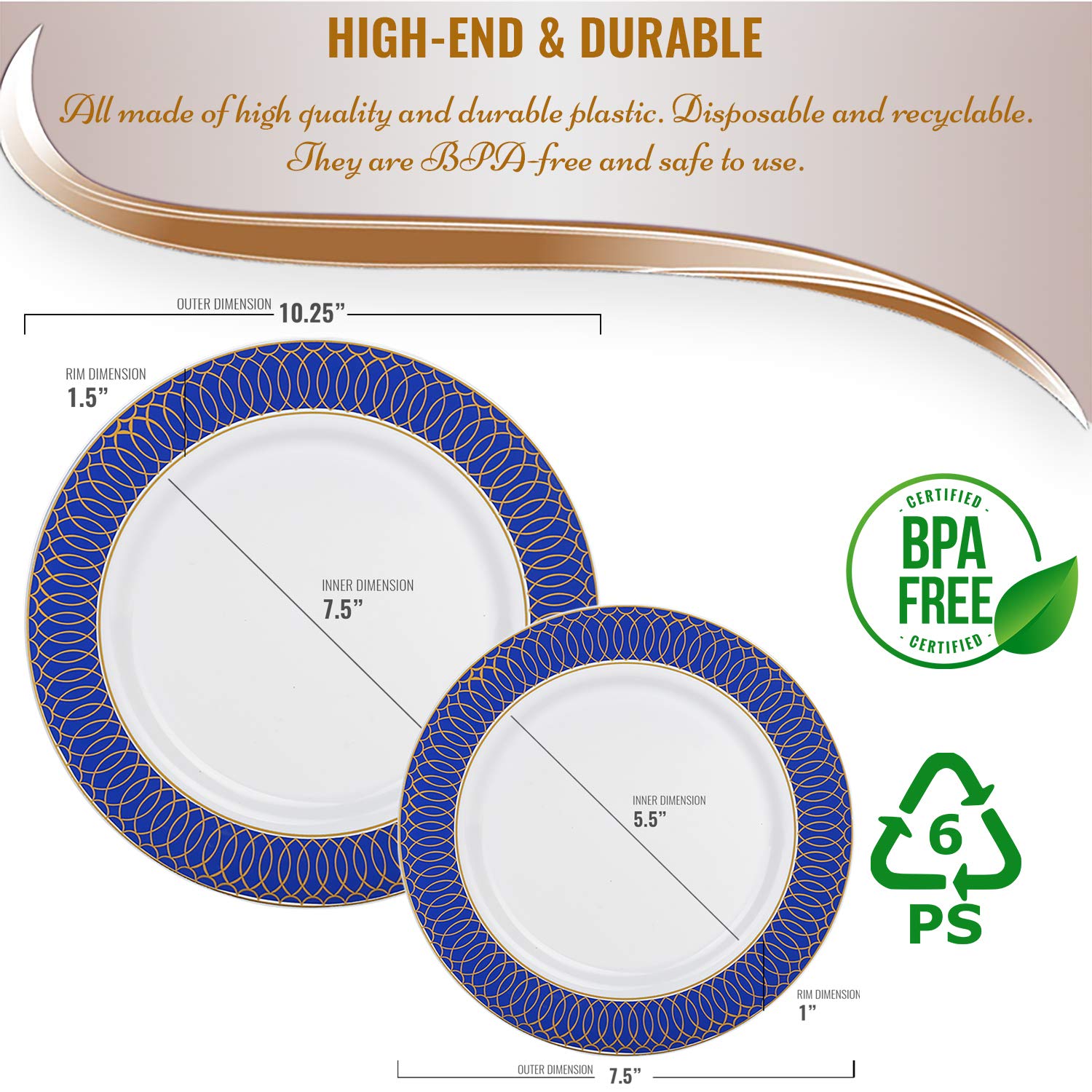 Premium 240-Count Disposable Plastic Plates Set - 120 Heavy Duty Blue & Gold Rimmed Dinner Plates + 120 Elegant Dessert Plates - Perfect for Weddings, Birthdays, Parties & Special Occasions - Ideal for Catering, BBQs, Picnics & Formal Events