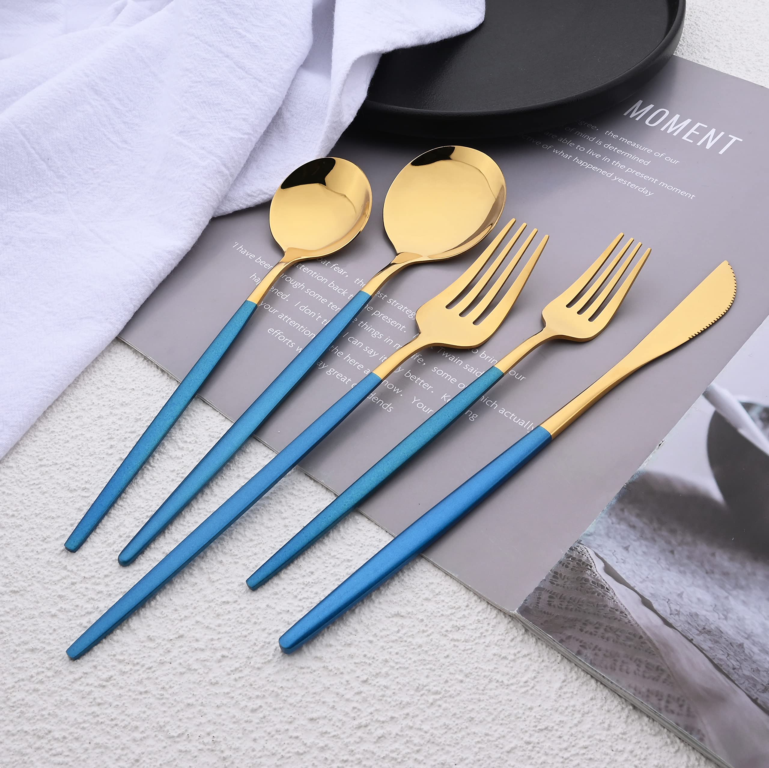 20-Piece Silverware Set - Elegant Blue & Gold Flatware for 4 - Complete Dinnerware Cutlery Set with Spoons, Knives, Forks - Perfect for Family Dinners, Parties & Everyday Dining